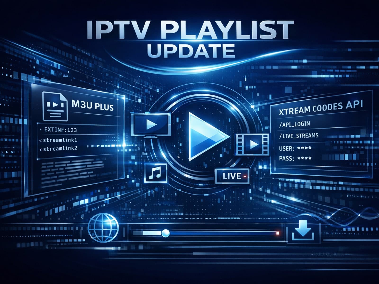 Comparison illustration of M3U Plus versus Xtream Codes API for IPTV playlist updates