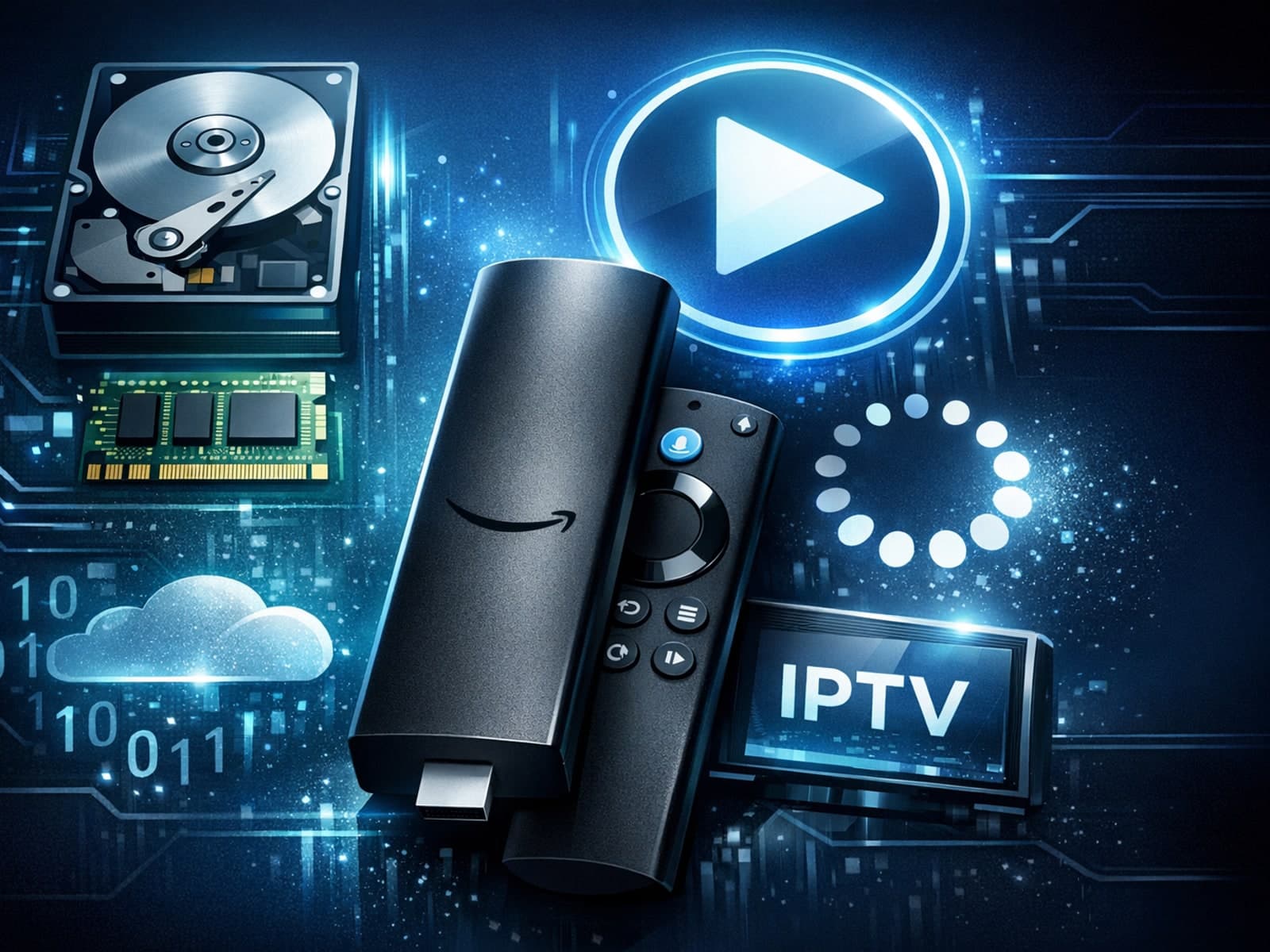 Illustration of Fire TV Stick with digital storage icons and IPTV streaming elements in a dark blue theme