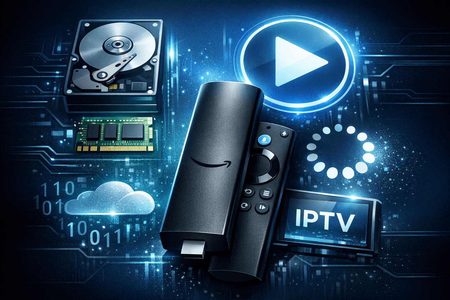 Illustration of Fire TV Stick with digital storage icons and IPTV streaming elements in a dark blue theme