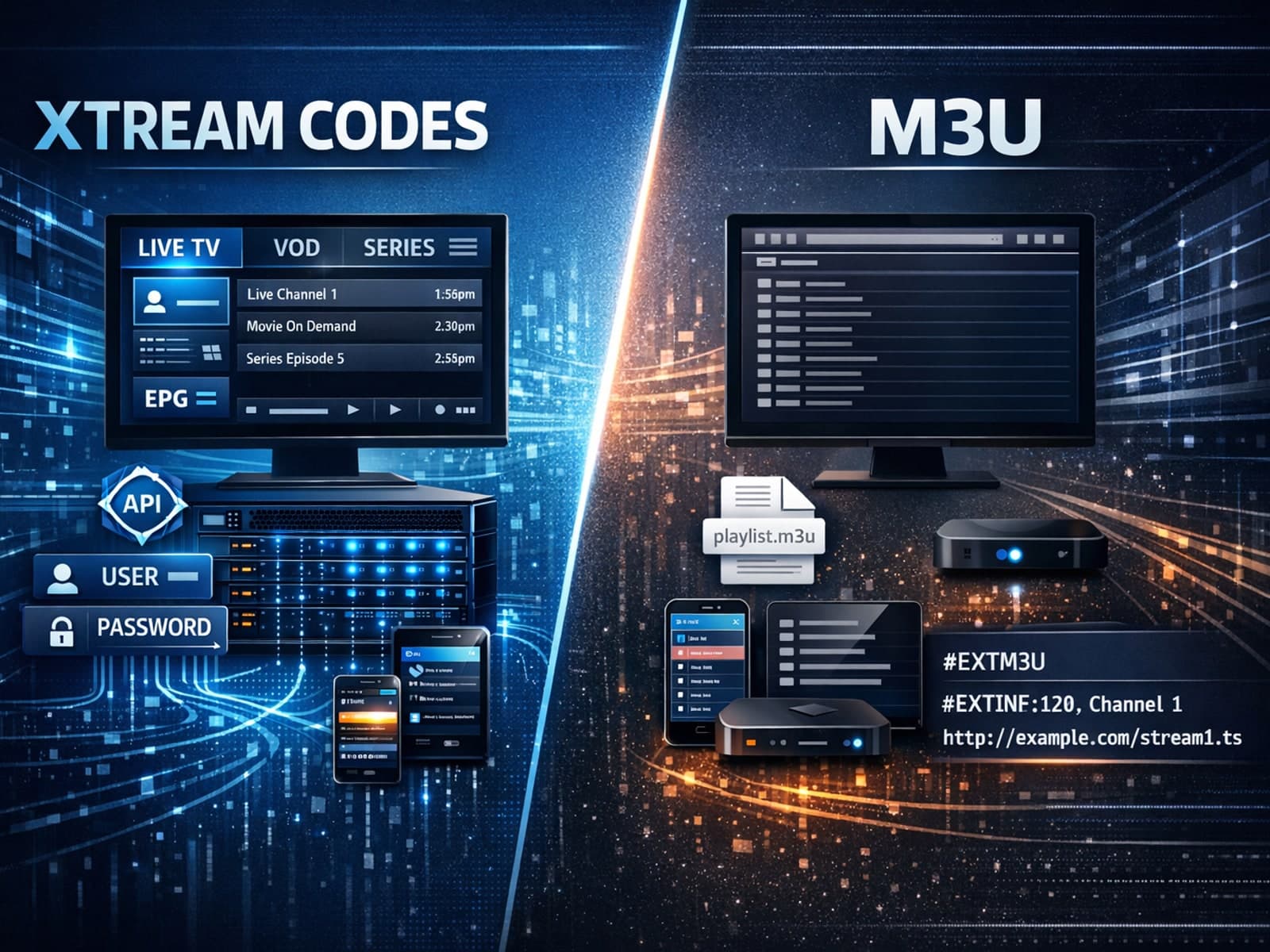 Comparison chart showing differences between Xtream Codes API and M3U IPTV playlists