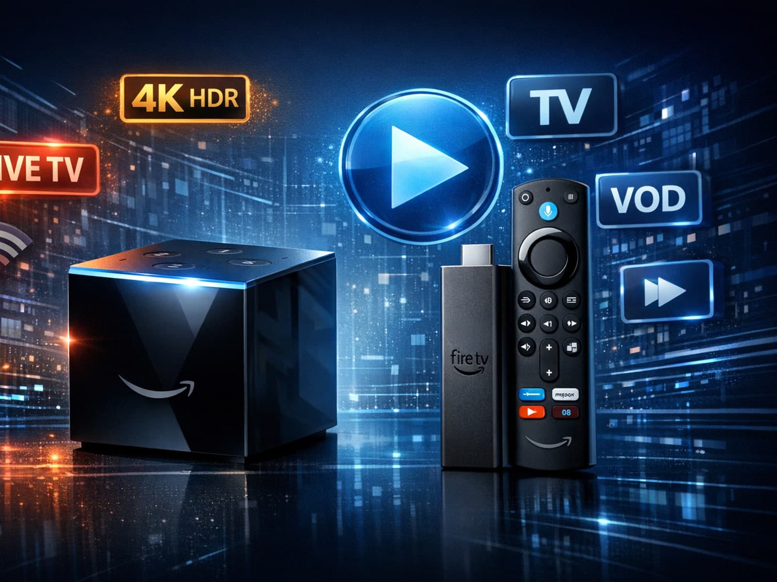 Fire TV Cube and Fire TV Stick 4K Max devices side by side showing IPTV streaming apps