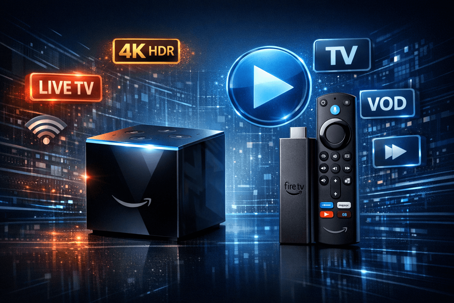 Fire TV Cube and Fire TV Stick 4K Max devices side by side showing IPTV streaming apps