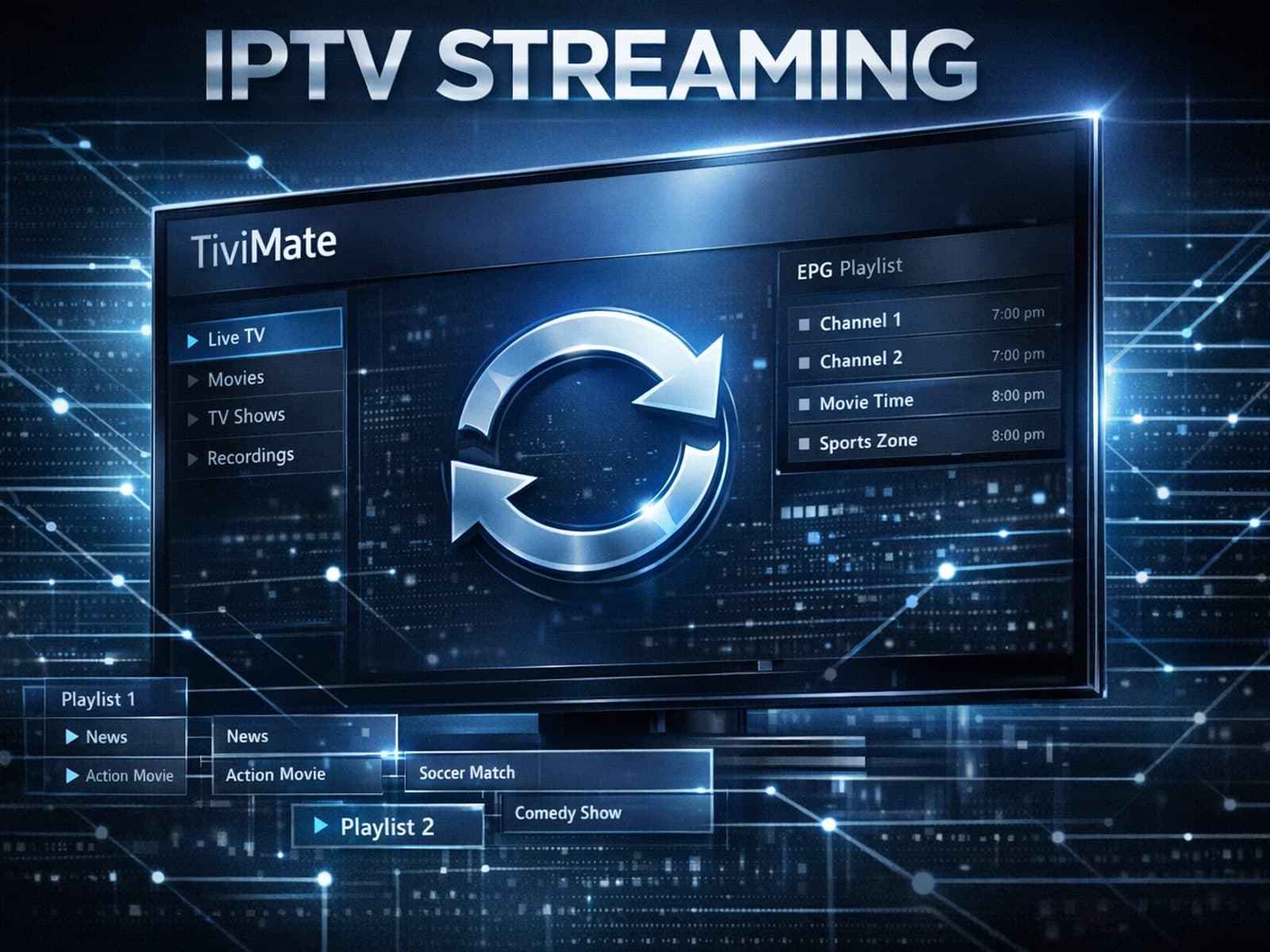 TiviMate IPTV app showing playlist refresh on a smart TV screen