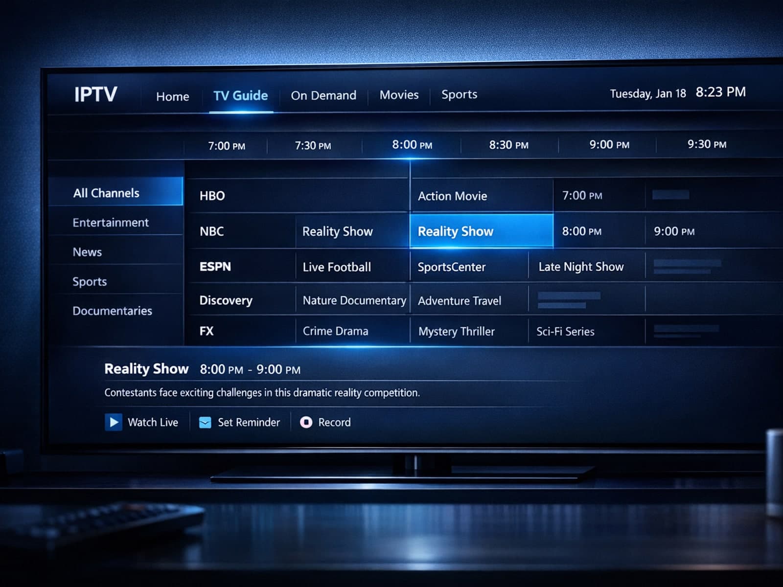 Illustration of digital TV timeline with correct EPG time alignment on a dark blue IPTV interface