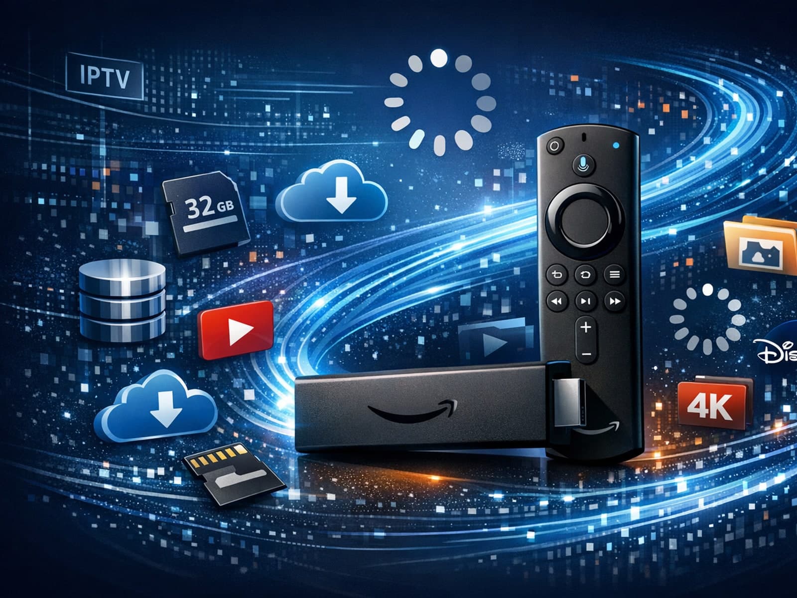 Illustration of a Fire TV Stick device with storage icons and buffering symbols on a dark blue IPTV-themed background