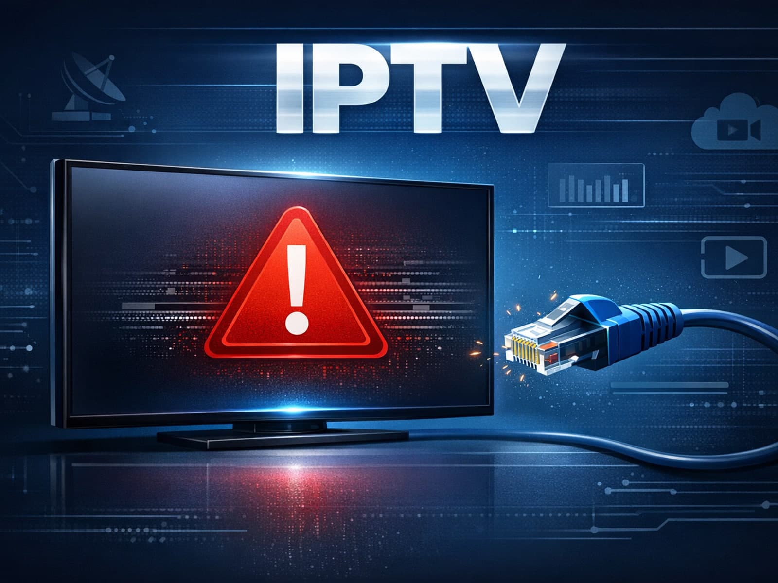 Illustration of a digital TV screen with an error icon overlay beside a disconnected network cable on a dark blue background