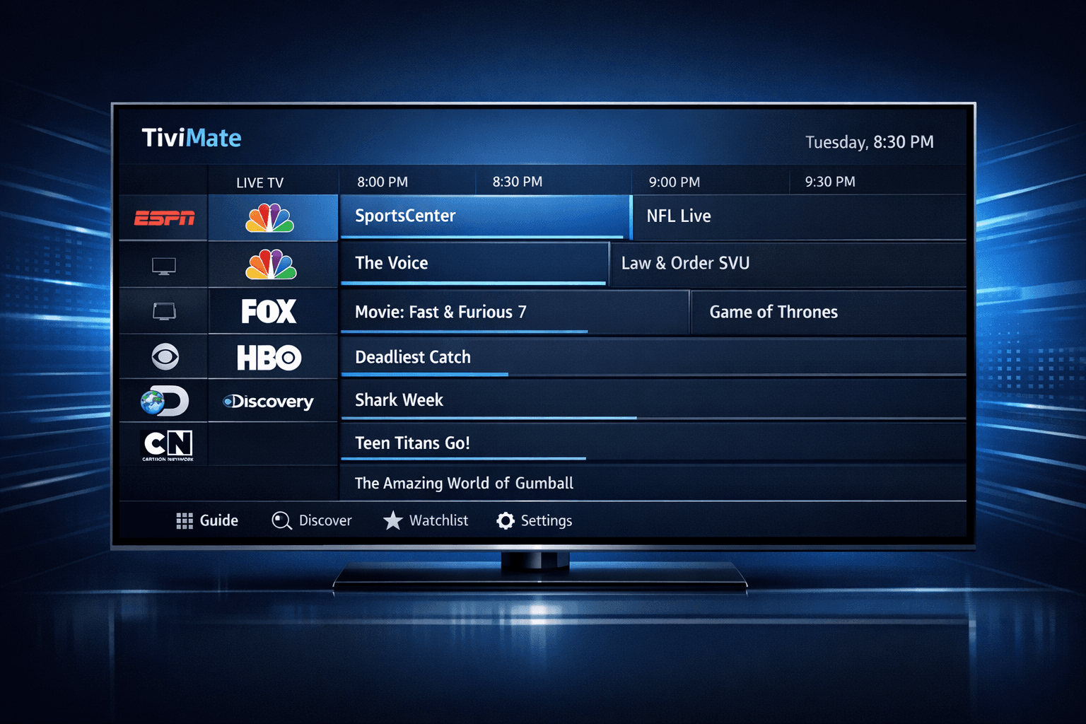 TiviMate app interface showing channel logos missing