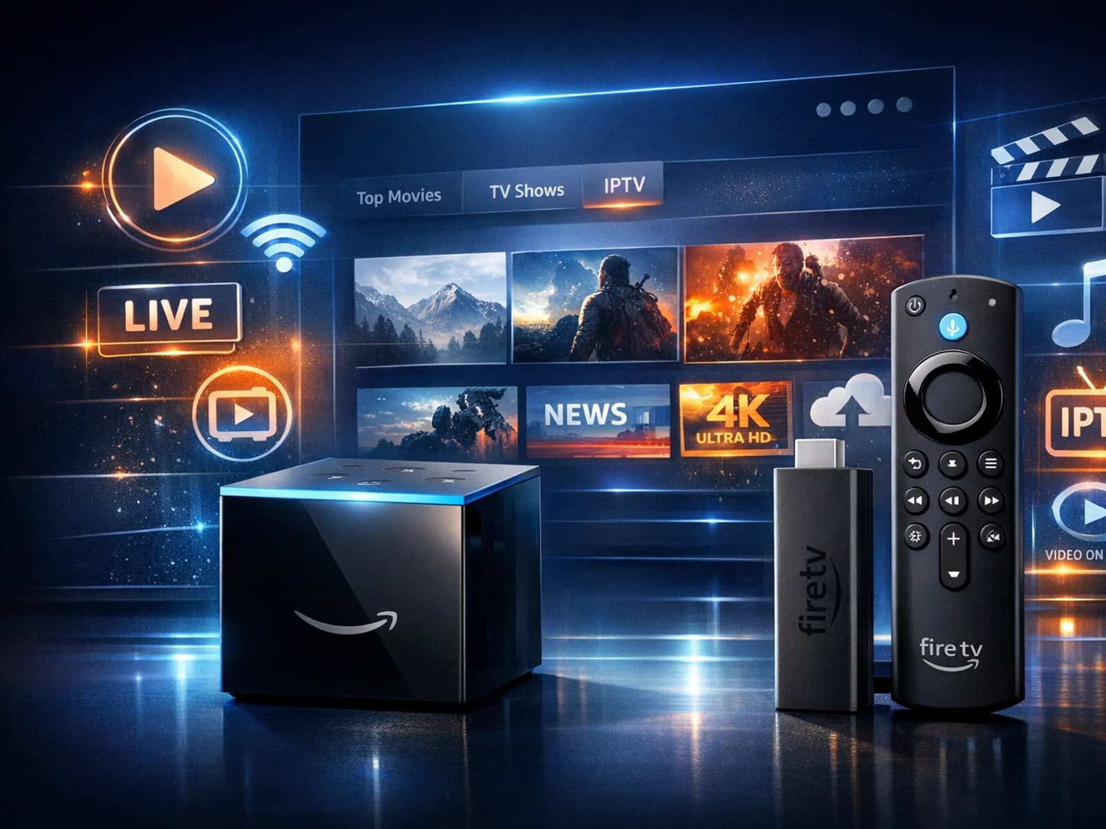 Fire TV Cube and Fire TV Stick 4K Max devices side by side for IPTV streaming comparison