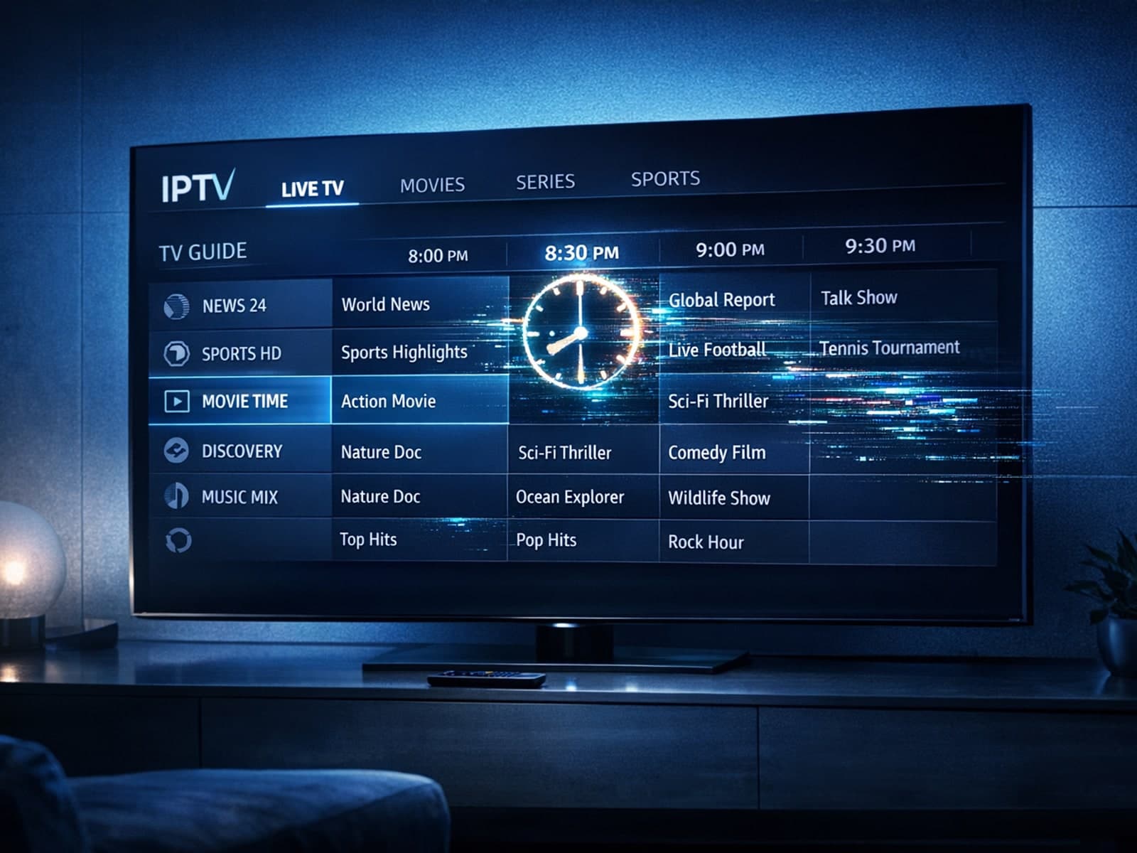 Digital TV guide overlay on IPTV interface with highlighted clock icon