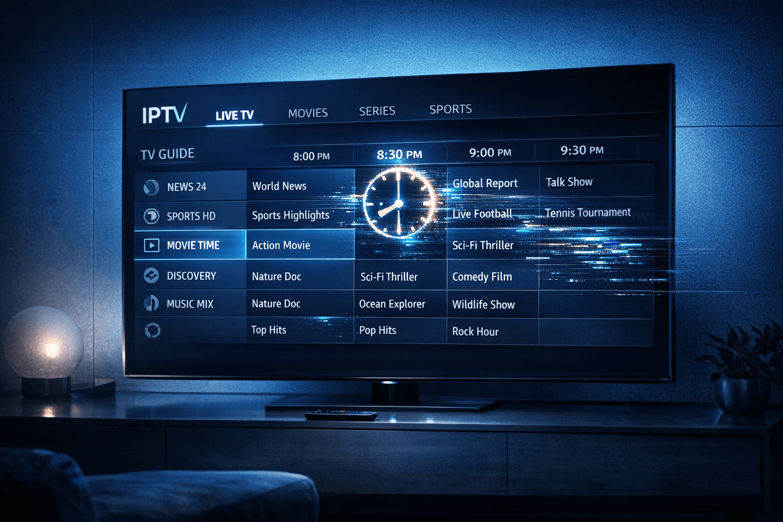 Digital TV guide overlay on IPTV interface with highlighted clock icon