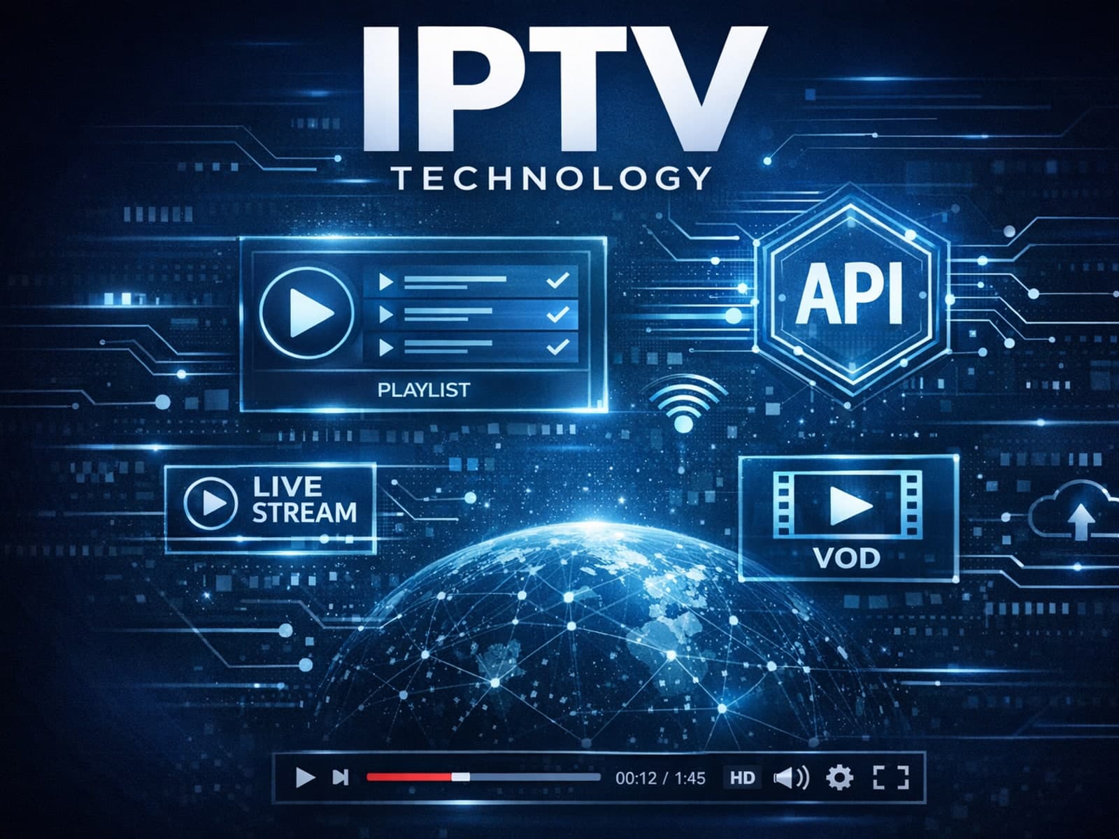 Abstract digital IPTV playlist interface with dark blue background