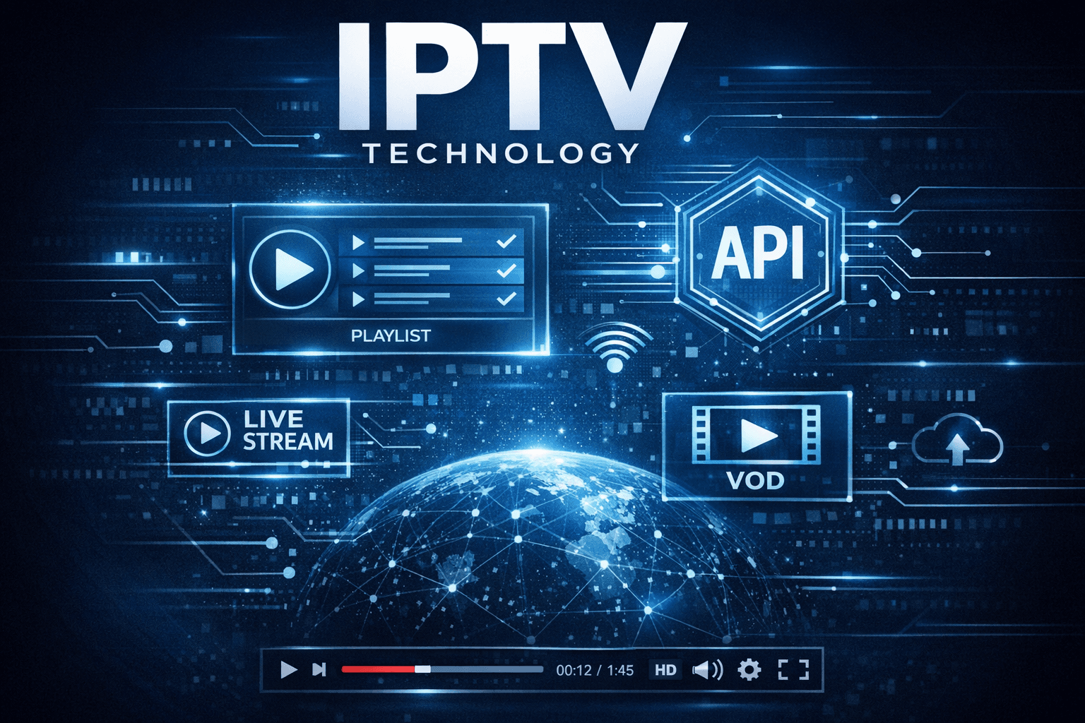 Abstract digital IPTV playlist interface with dark blue background
