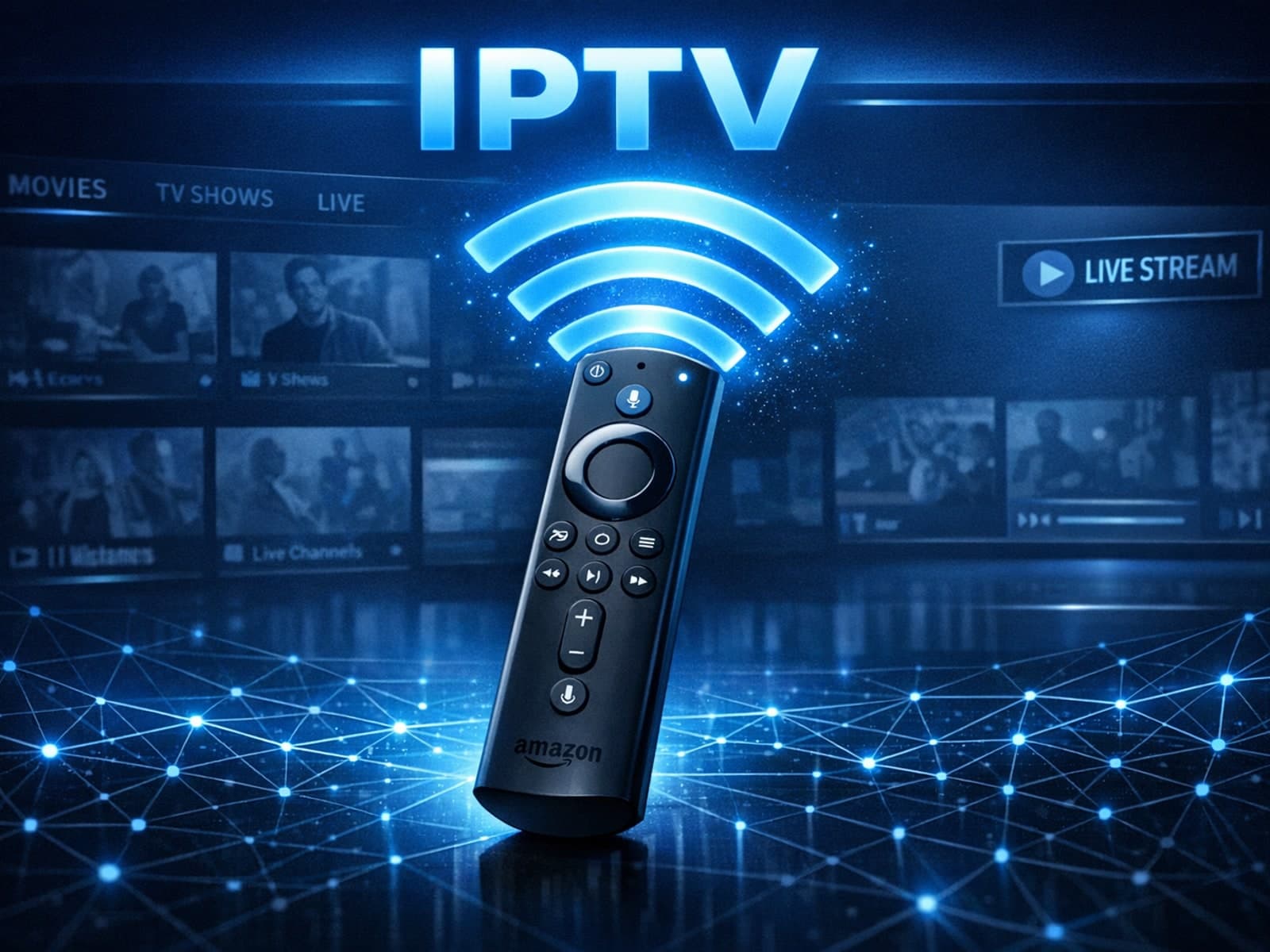 Fire TV Stick remote with WiFi signal icon overlaid on a dark blue IPTV-themed background