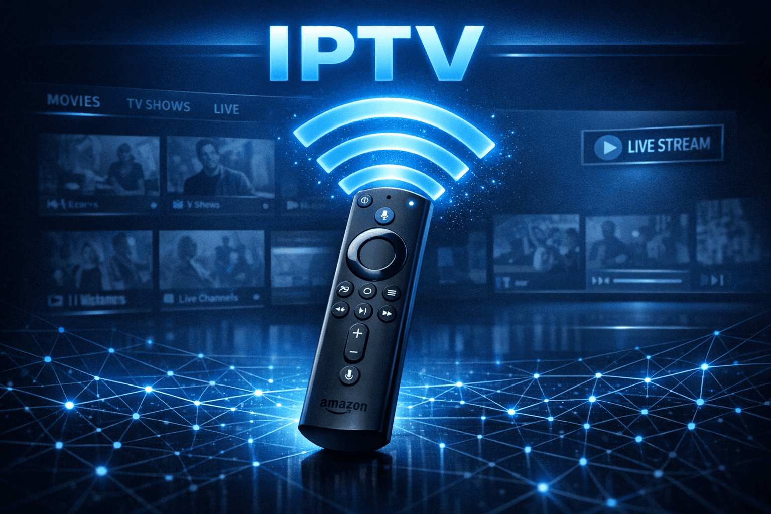 Fire TV Stick remote with WiFi signal icon overlaid on a dark blue IPTV-themed background