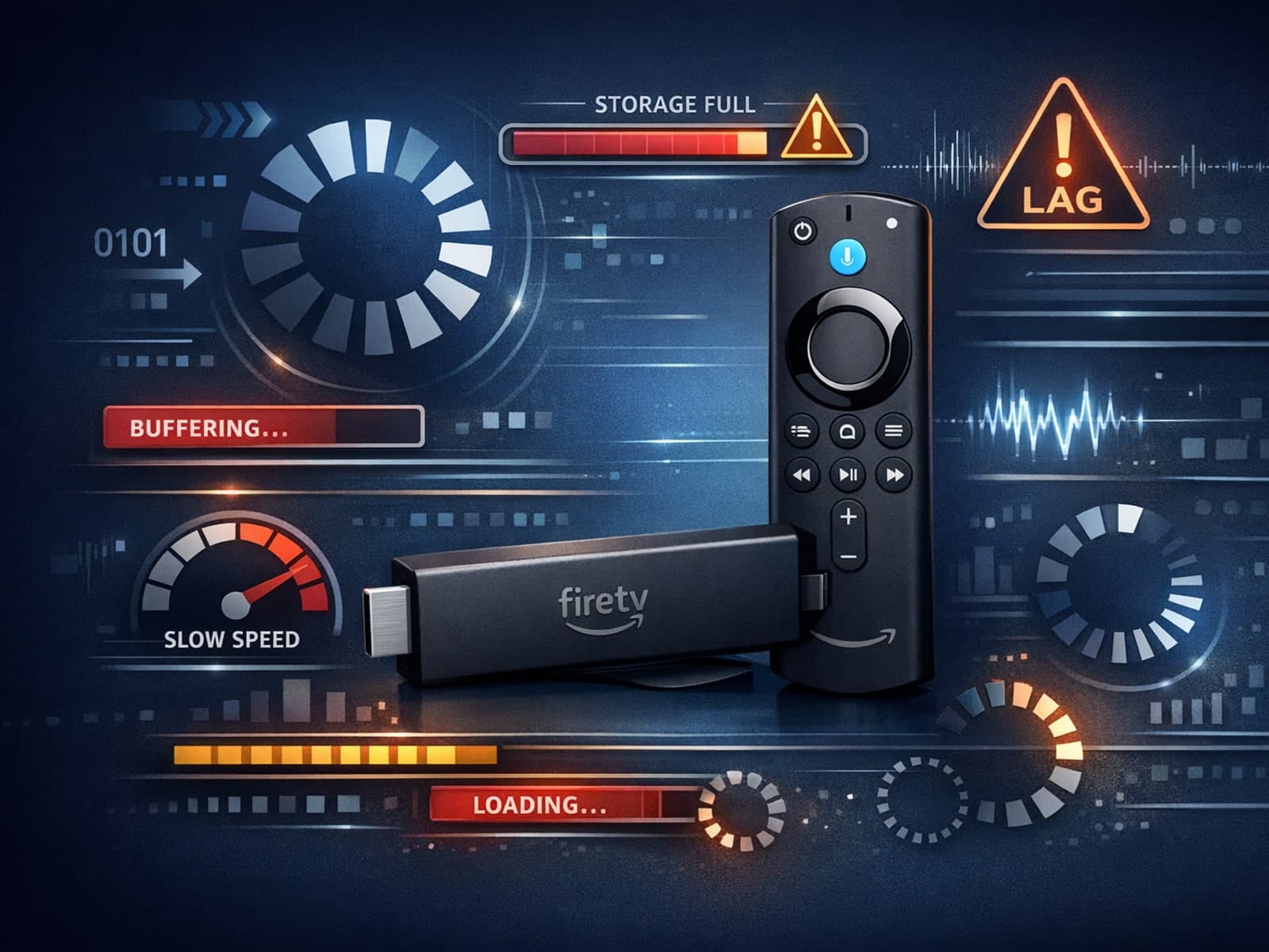 Fire TV Stick device with streaming lag indicators and storage icons on a dark blue background