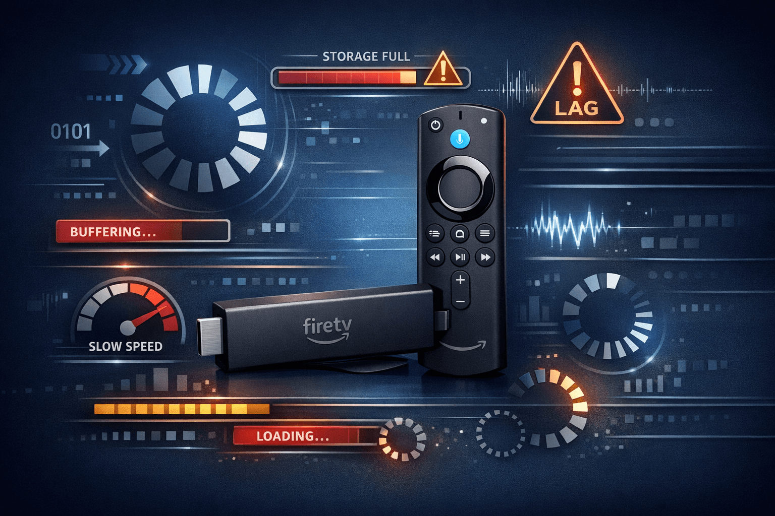 Fire TV Stick device with streaming lag indicators and storage icons on a dark blue background