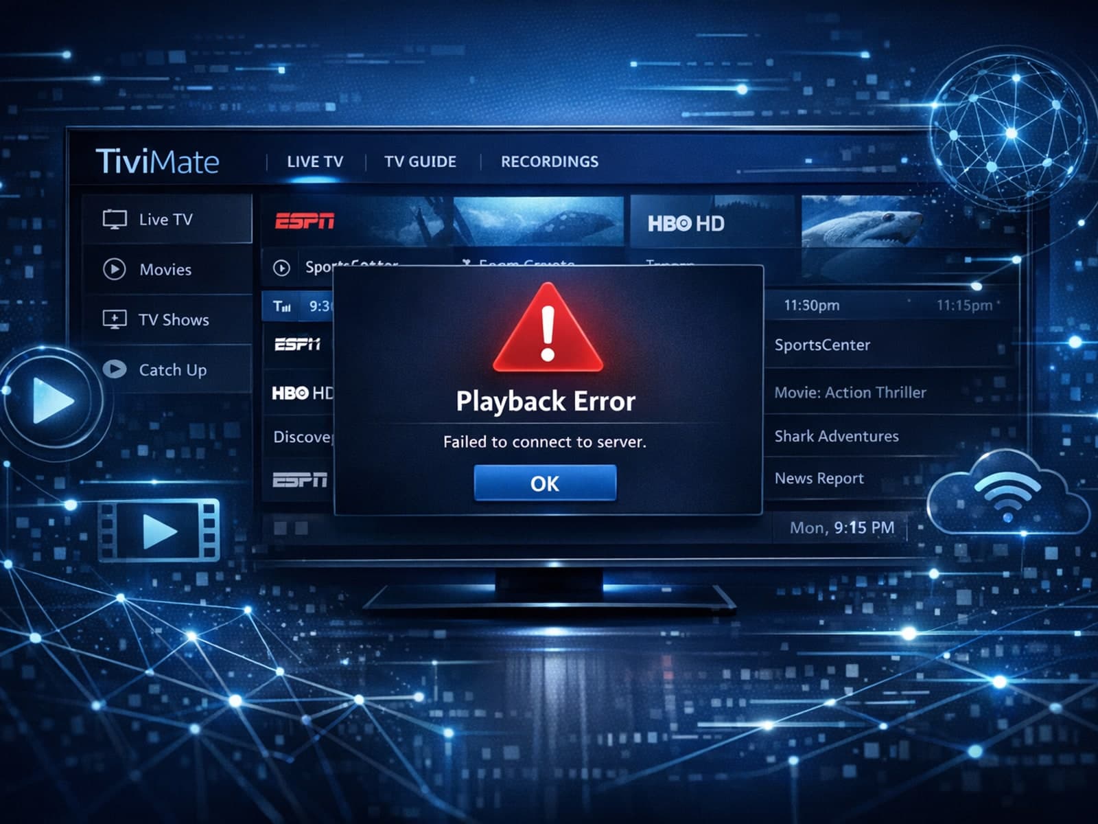 Illustration of a TiviMate IPTV interface with error messages on a dark blue tech background