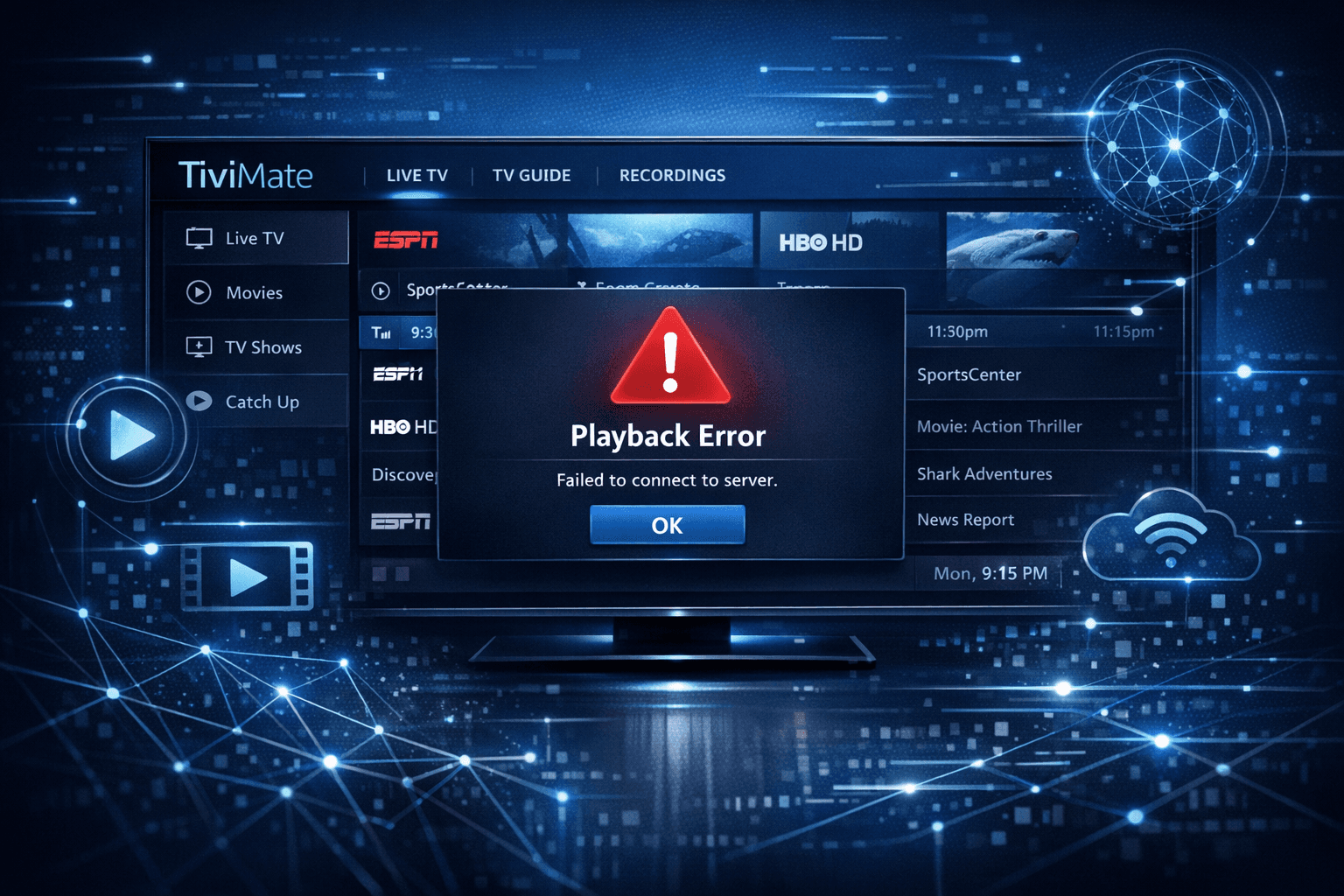 Illustration of a TiviMate IPTV interface with error messages on a dark blue tech background
