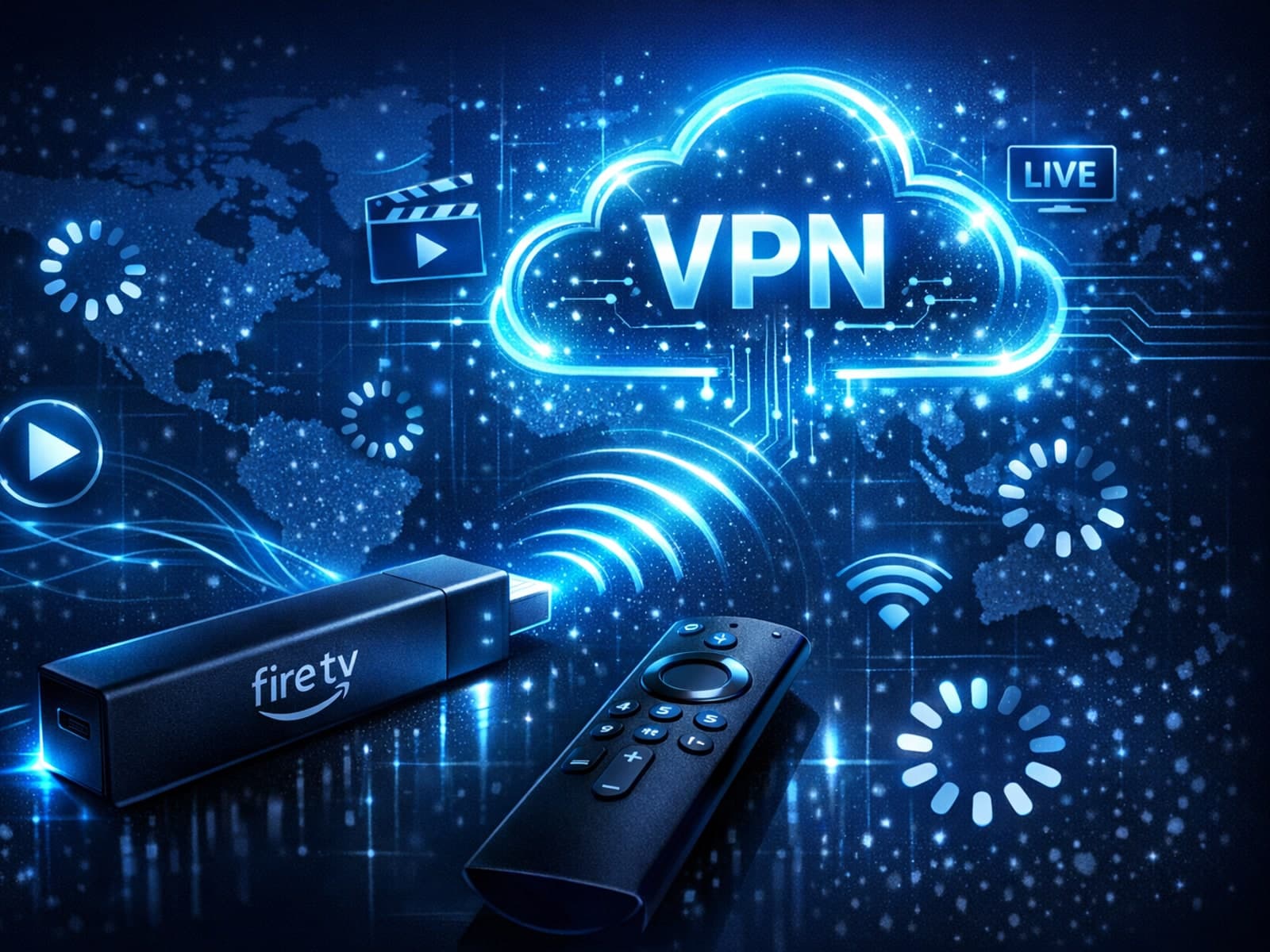 Illustration of a Firestick connected to a VPN cloud with buffering symbol and IPTV streaming icons on a dark blue background