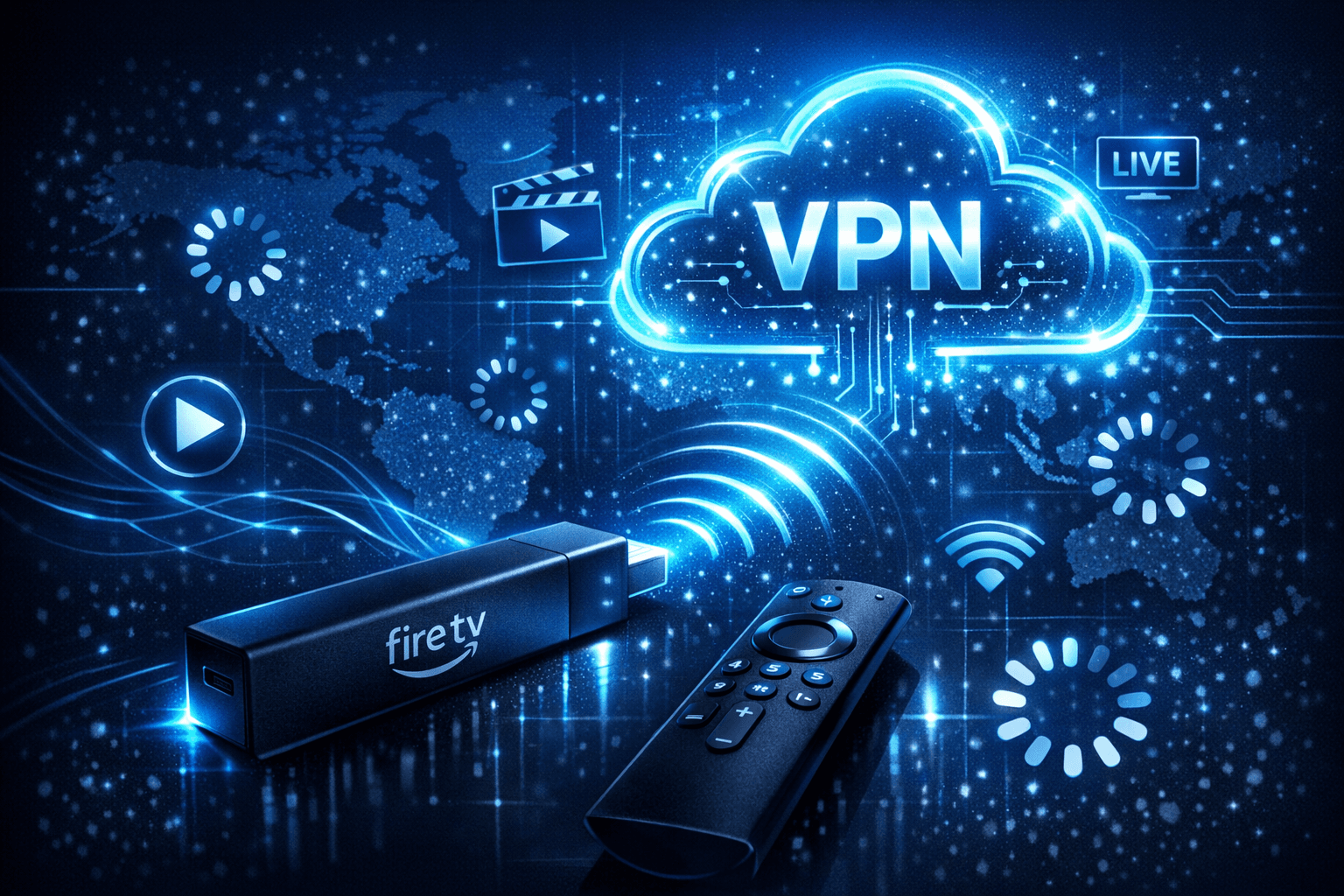 Illustration of a Firestick connected to a VPN cloud with buffering symbol and IPTV streaming icons on a dark blue background