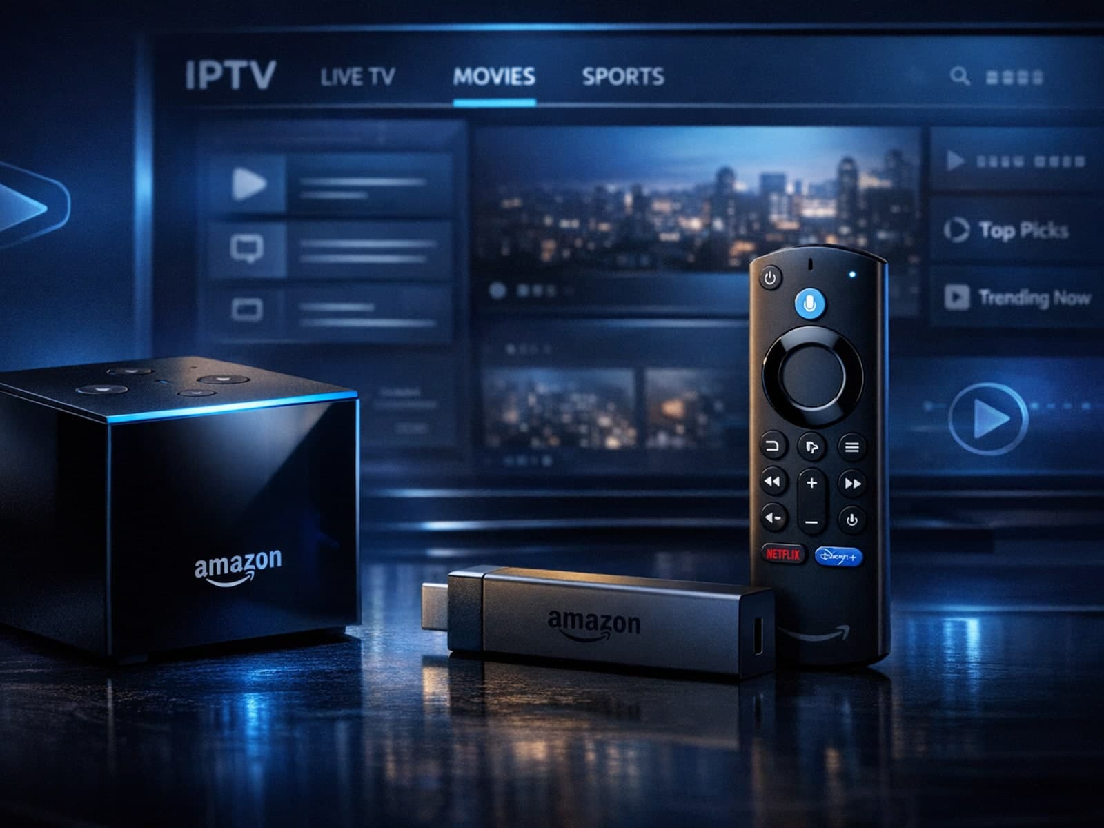 Amazon Fire TV Cube and Fire TV Stick 4K Max side by side showing IPTV streaming on TVs