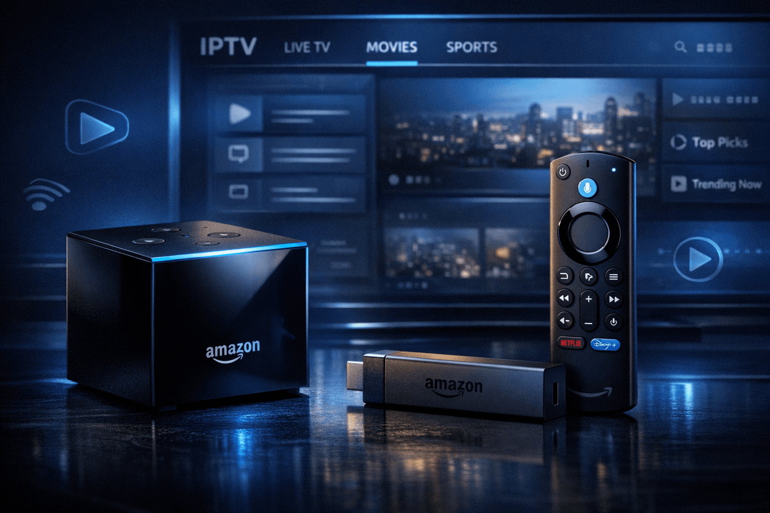 Amazon Fire TV Cube and Fire TV Stick 4K Max side by side showing IPTV streaming on TVs