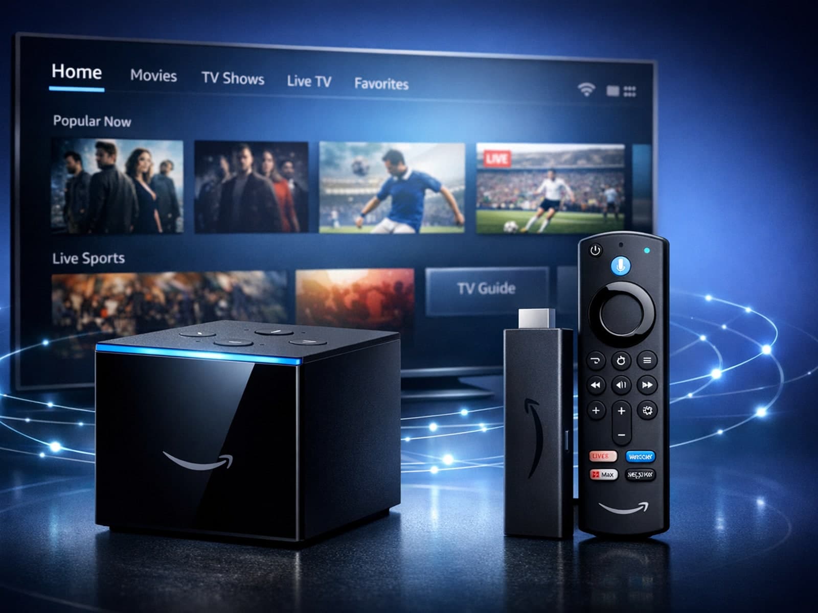 Fire TV Cube and Fire TV Stick 4K Max side by side with IPTV streaming icons on TV screen in background