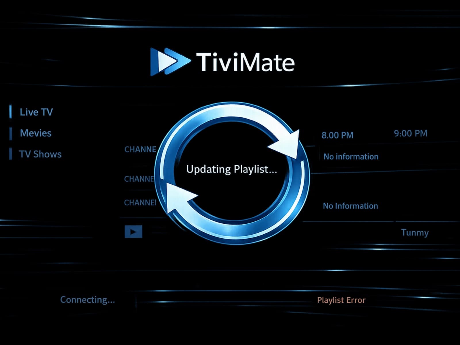 TiviMate IPTV app refresh screen on a streaming device