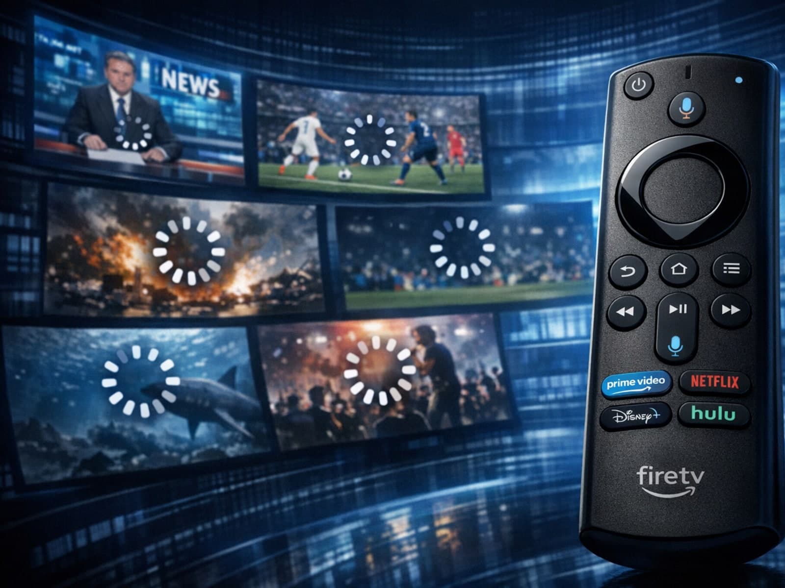 Fire TV Stick remote with buffering IPTV stream on TV screen