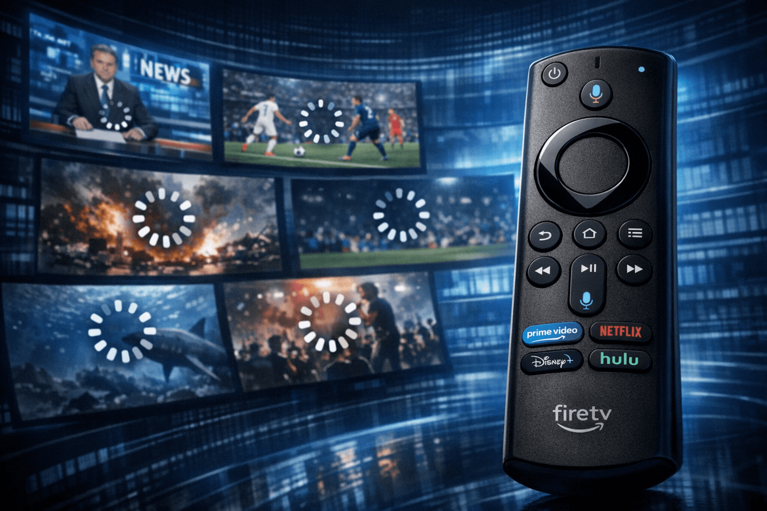 Fire TV Stick remote with buffering IPTV stream on TV screen