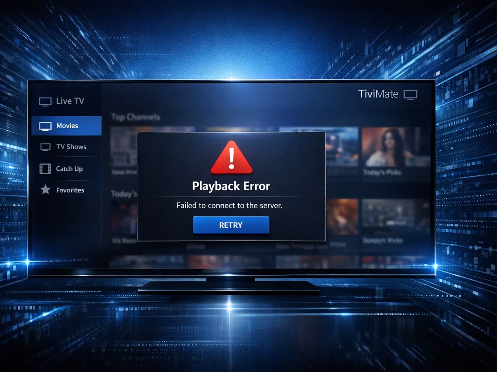 Illustration of TiviMate IPTV player displaying an error overlay on a dark blue digital background