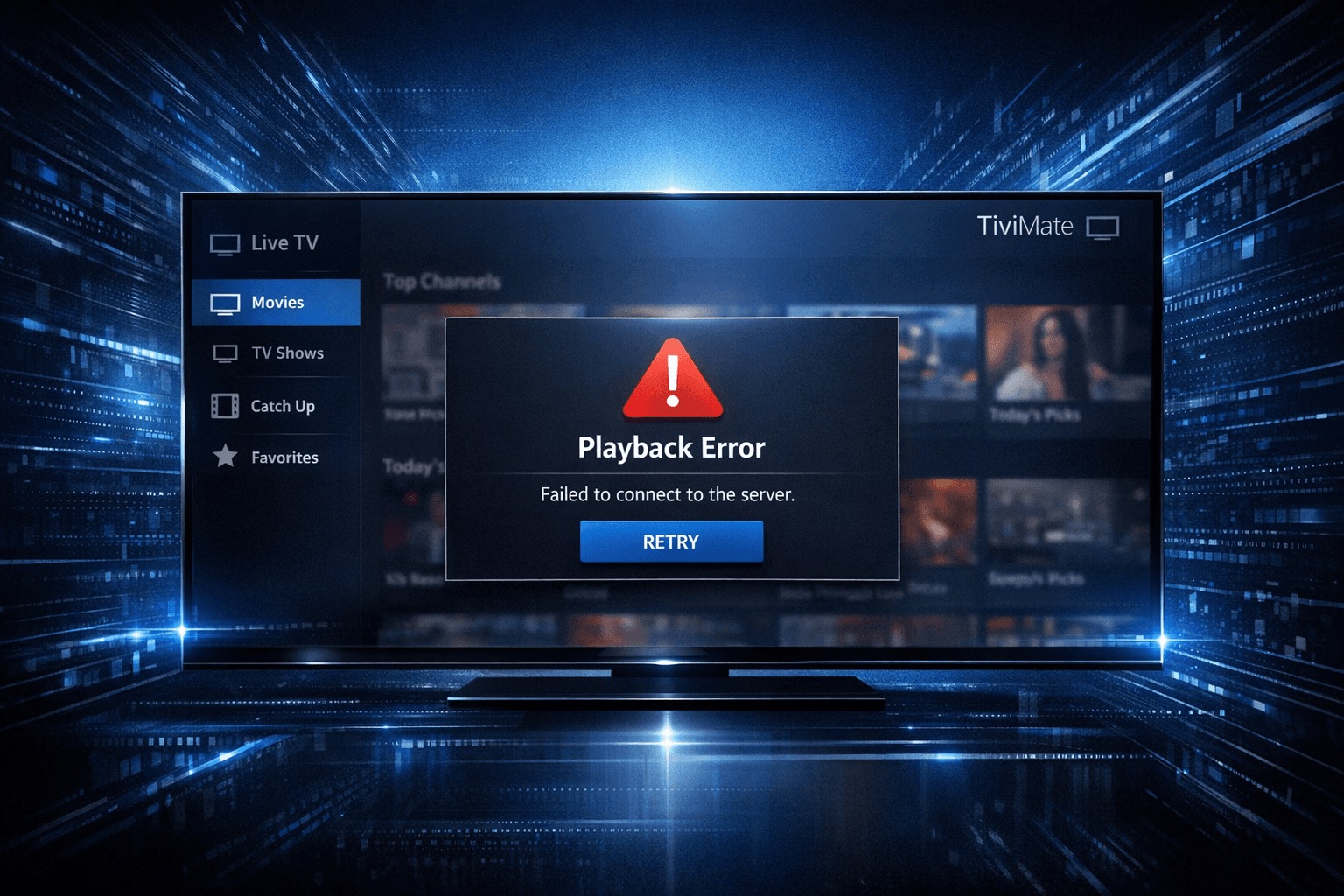 Illustration of TiviMate IPTV player displaying an error overlay on a dark blue digital background