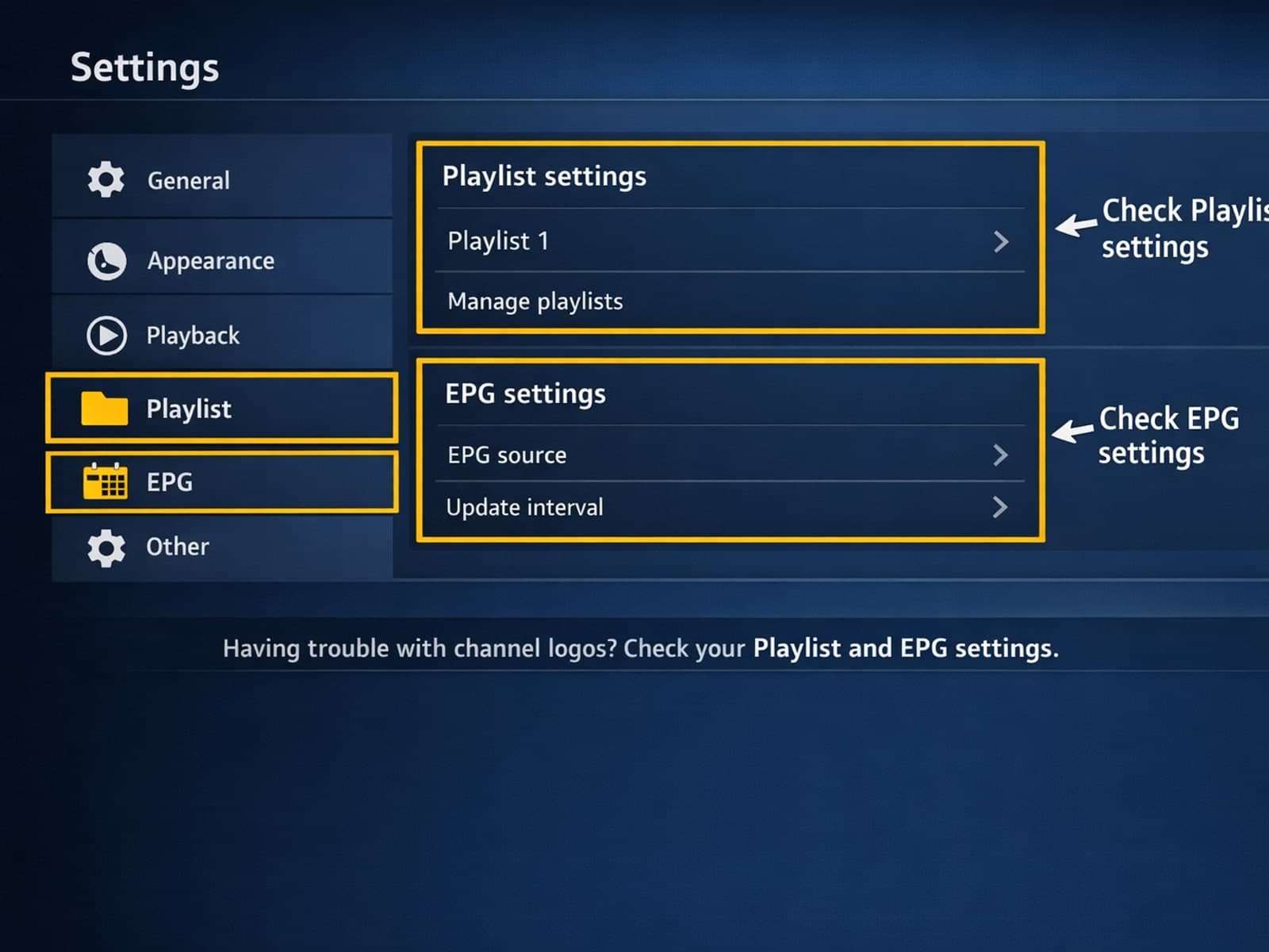 TiviMate IPTV player displaying channel list without logos on a TV screen