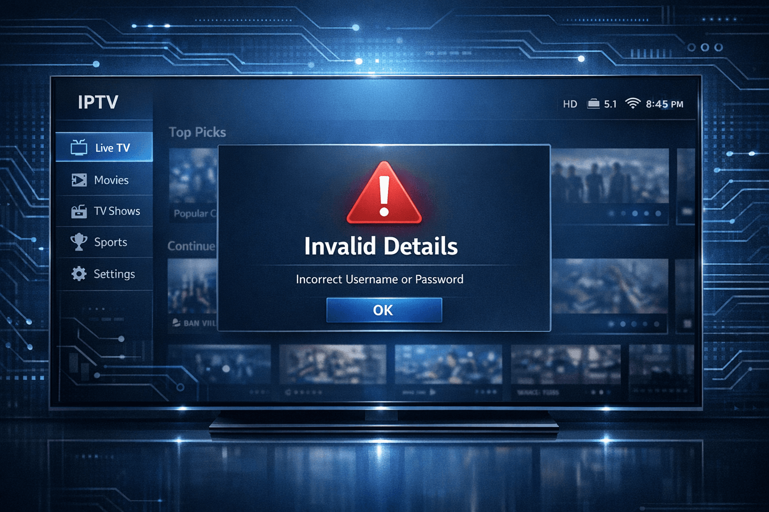 IPTV Smarters error message on dark blue themed IPTV app interface