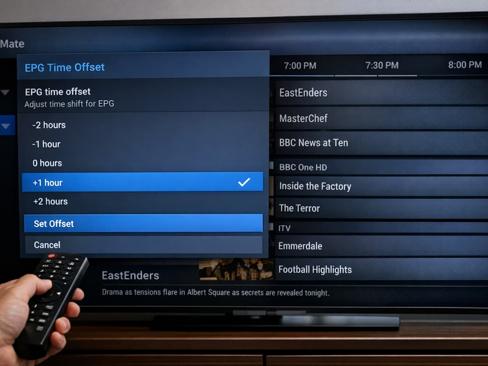 TiviMate IPTV app displaying electronic program guide with corrected time