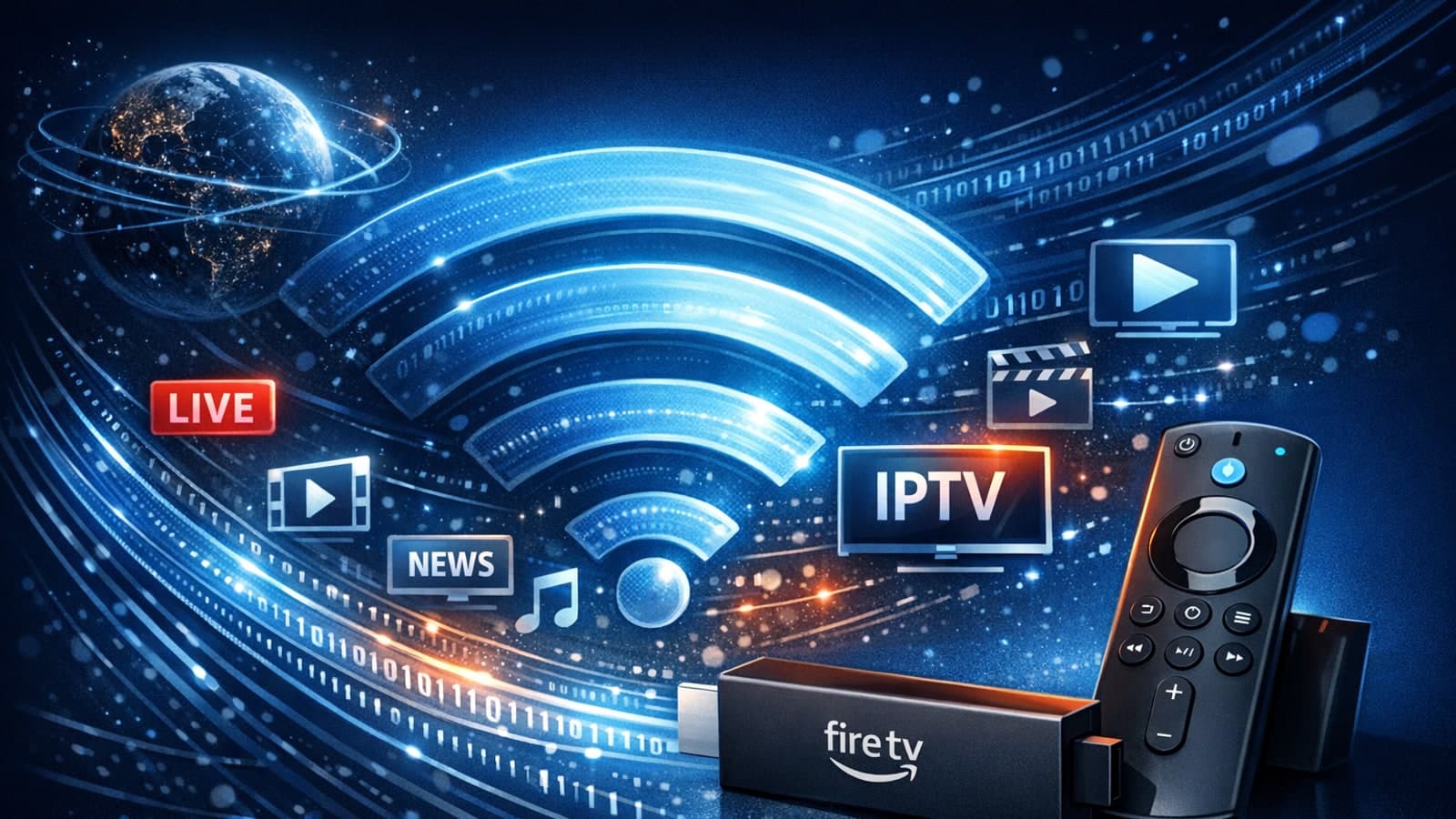 Illustration of a Fire TV Stick streaming IPTV over optimized Wi-Fi network with signal icons