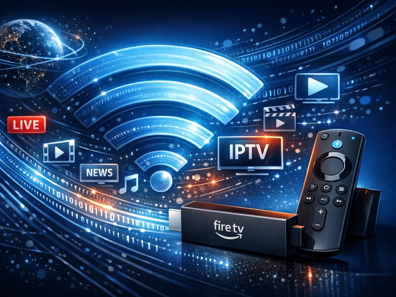 Illustration of a Fire TV Stick streaming IPTV over optimized Wi-Fi network with signal icons