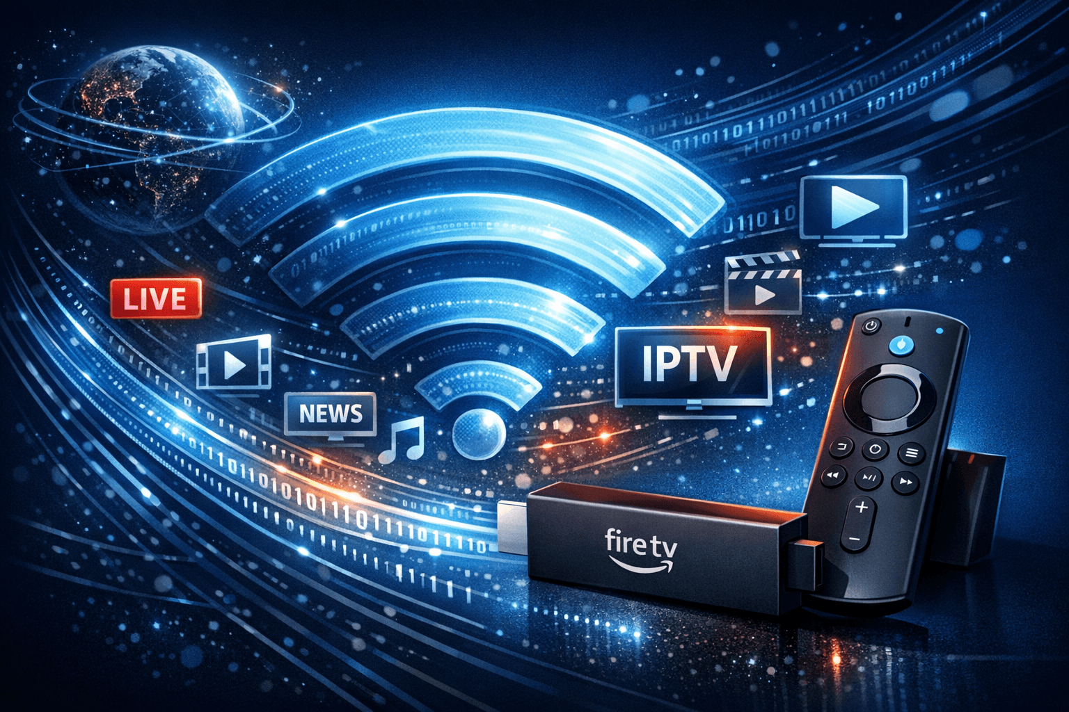 Illustration of a Fire TV Stick streaming IPTV over optimized Wi-Fi network with signal icons