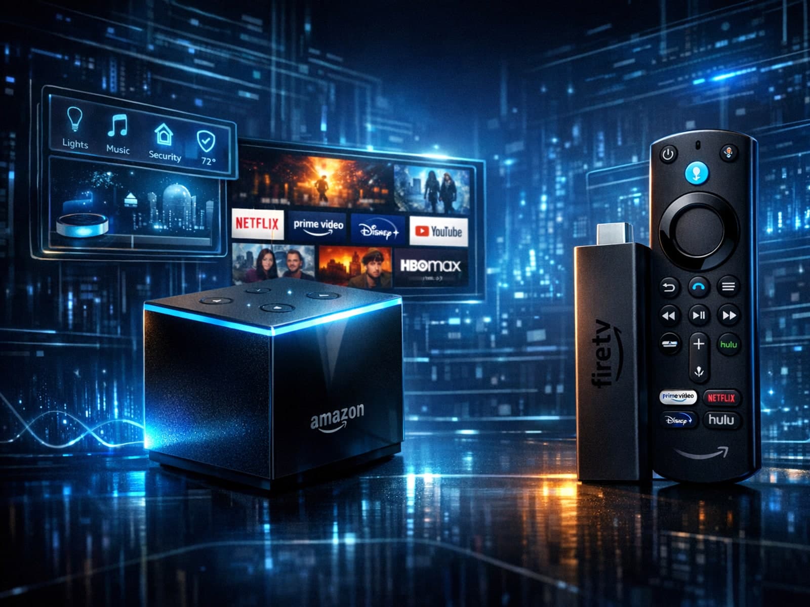 Smart home entertainment devices with Fire TV Cube and Fire TV Stick 4K Max on a dark blue tech background
