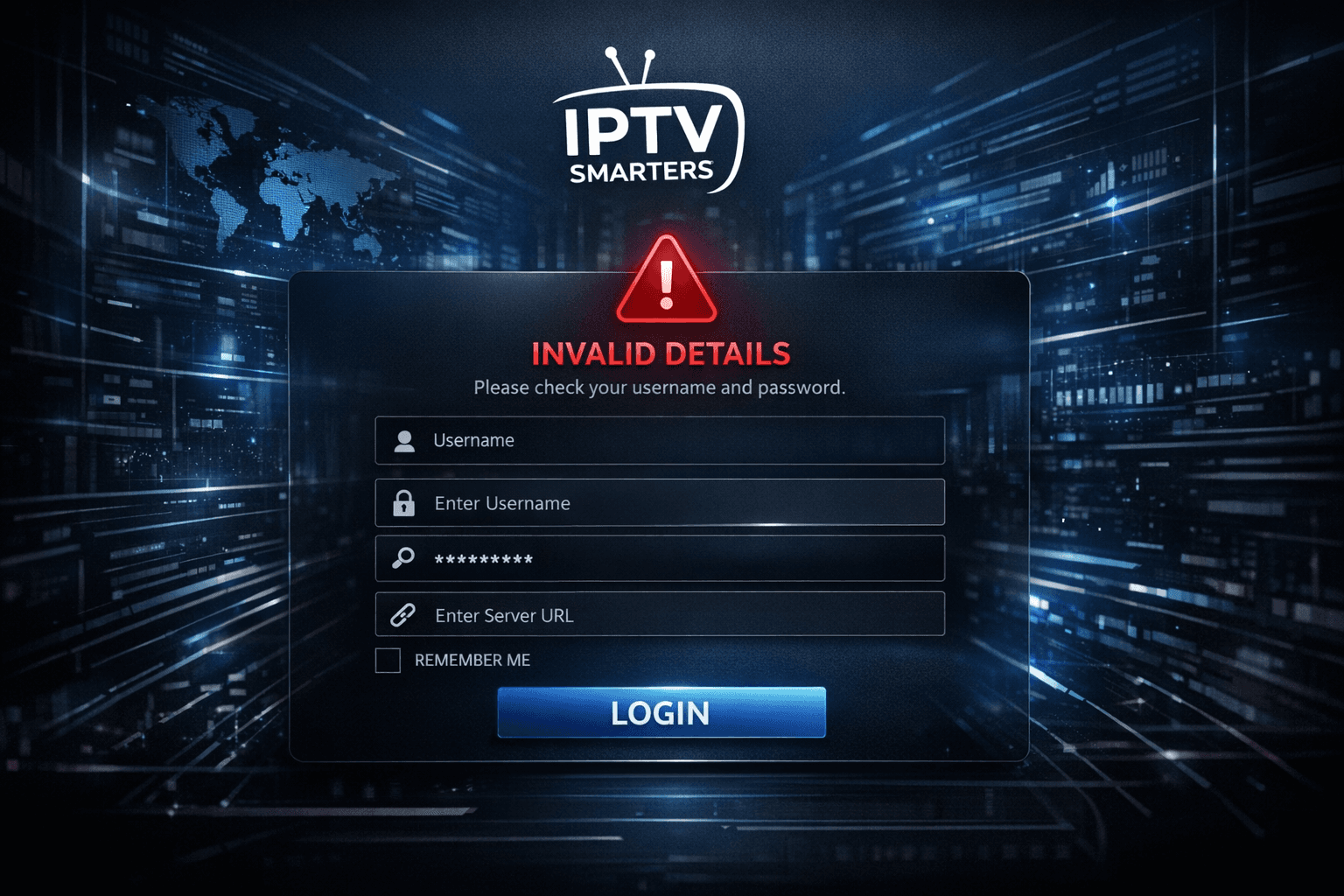 A digital login screen showing an 'Invalid Details' error on IPTV Smarters app with dark blue and black tones