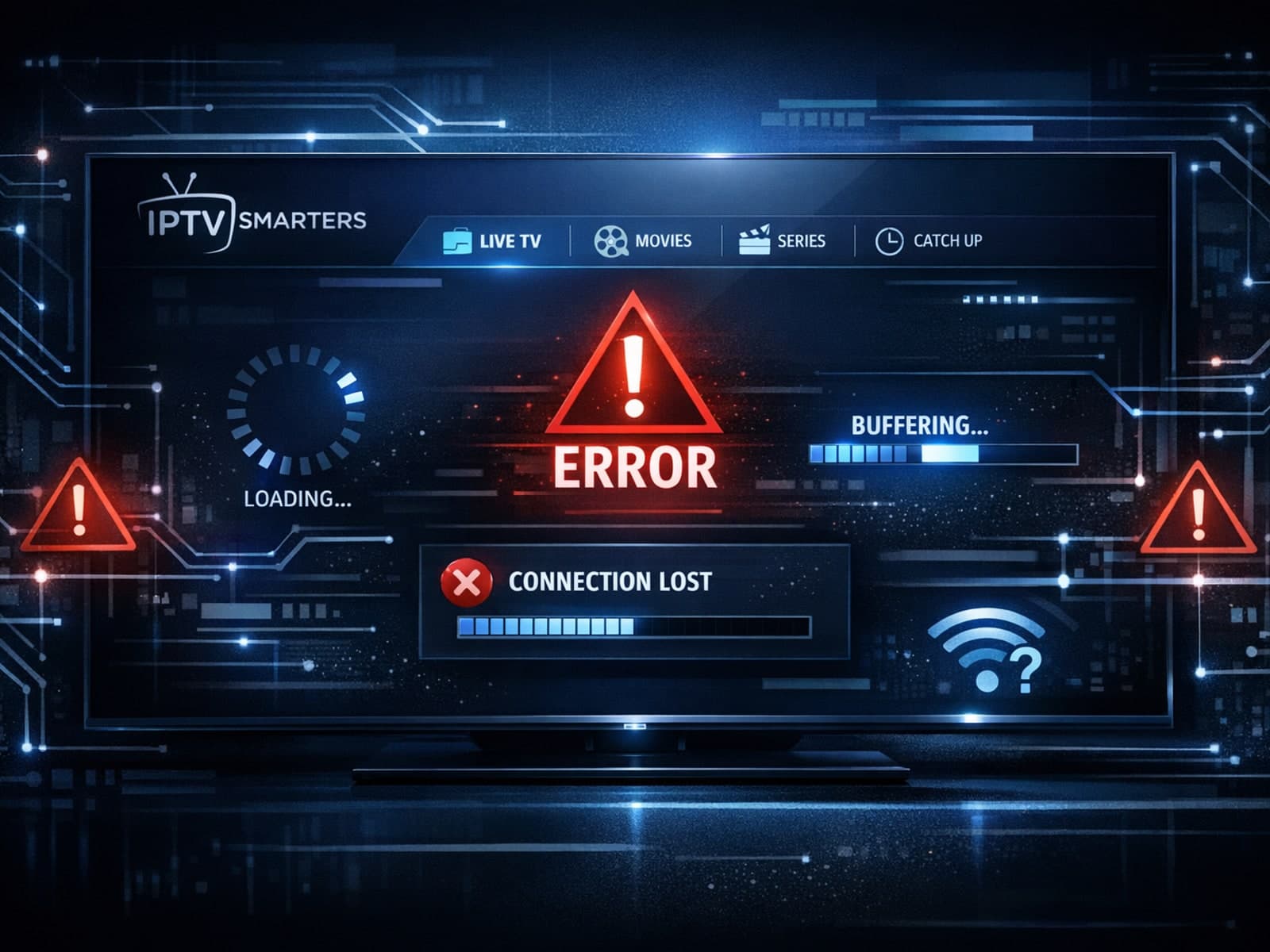 Abstract dark blue IPTV interface with troubleshooting icons and streaming symbols