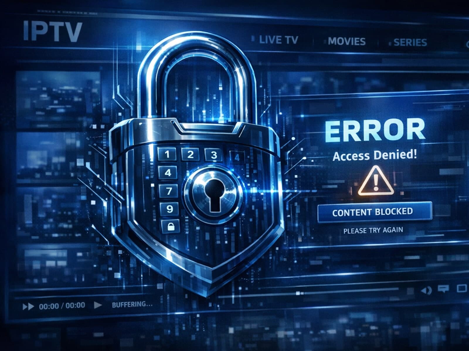 Digital lock icon over IPTV interface with error message themed in dark blue tones