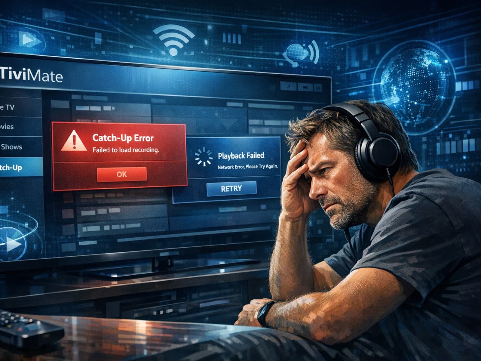 Illustration of a frustrated IPTV user troubleshooting TiviMate catch-up functionality on a dark blue digital interface background