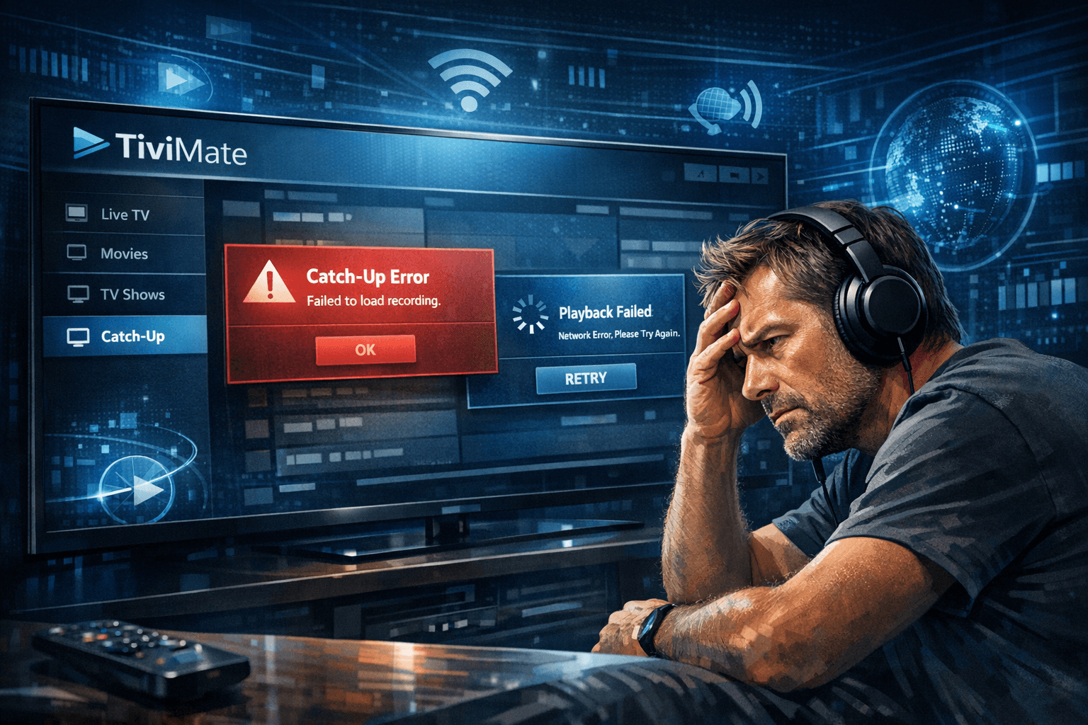 Illustration of a frustrated IPTV user troubleshooting TiviMate catch-up functionality on a dark blue digital interface background