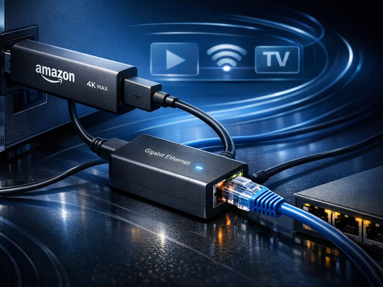 Close-up of Amazon Fire TV Stick 4K Max connected to an Ethernet adapter with network cables in a dark blue-themed IPTV setting.