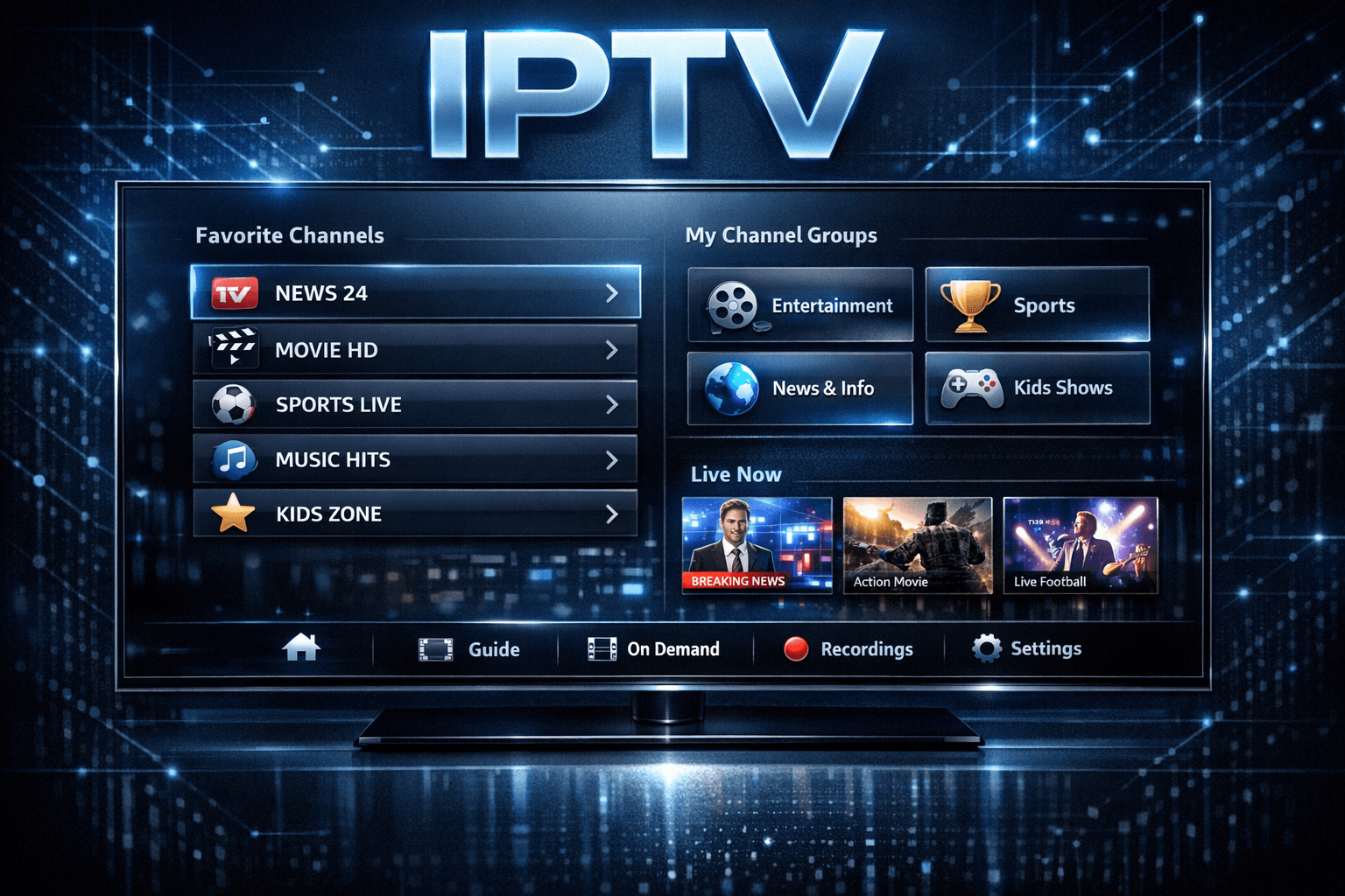 Organizing favorites and groups interface on TiviMate IPTV app interface with a dark blue theme