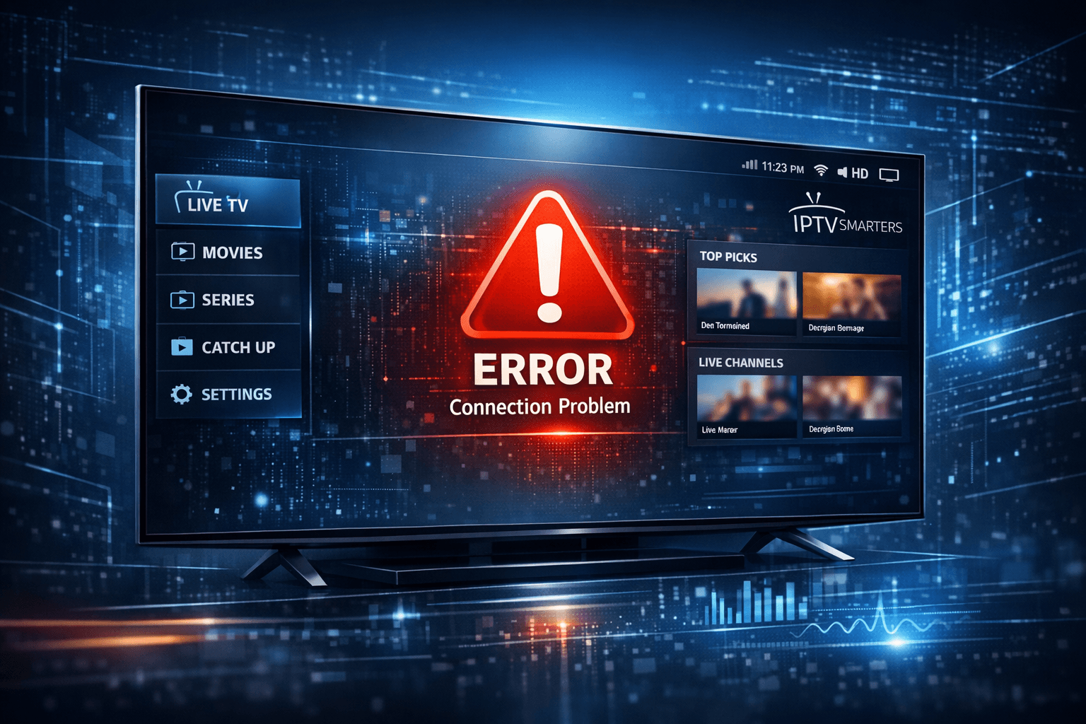 Digital illustration of a streaming app interface with an error icon on a dark blue IPTV-themed background