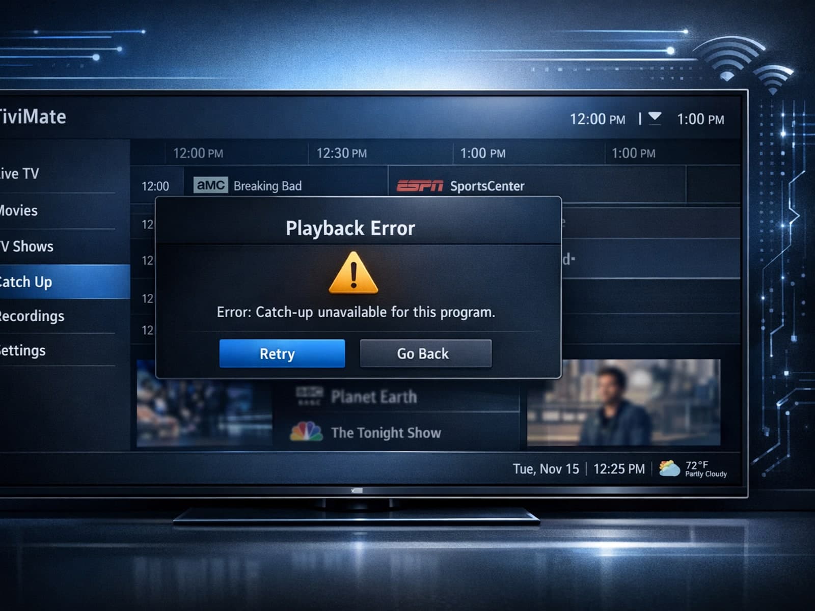 TiviMate app interface showing IPTV catch-up feature troubleshooting