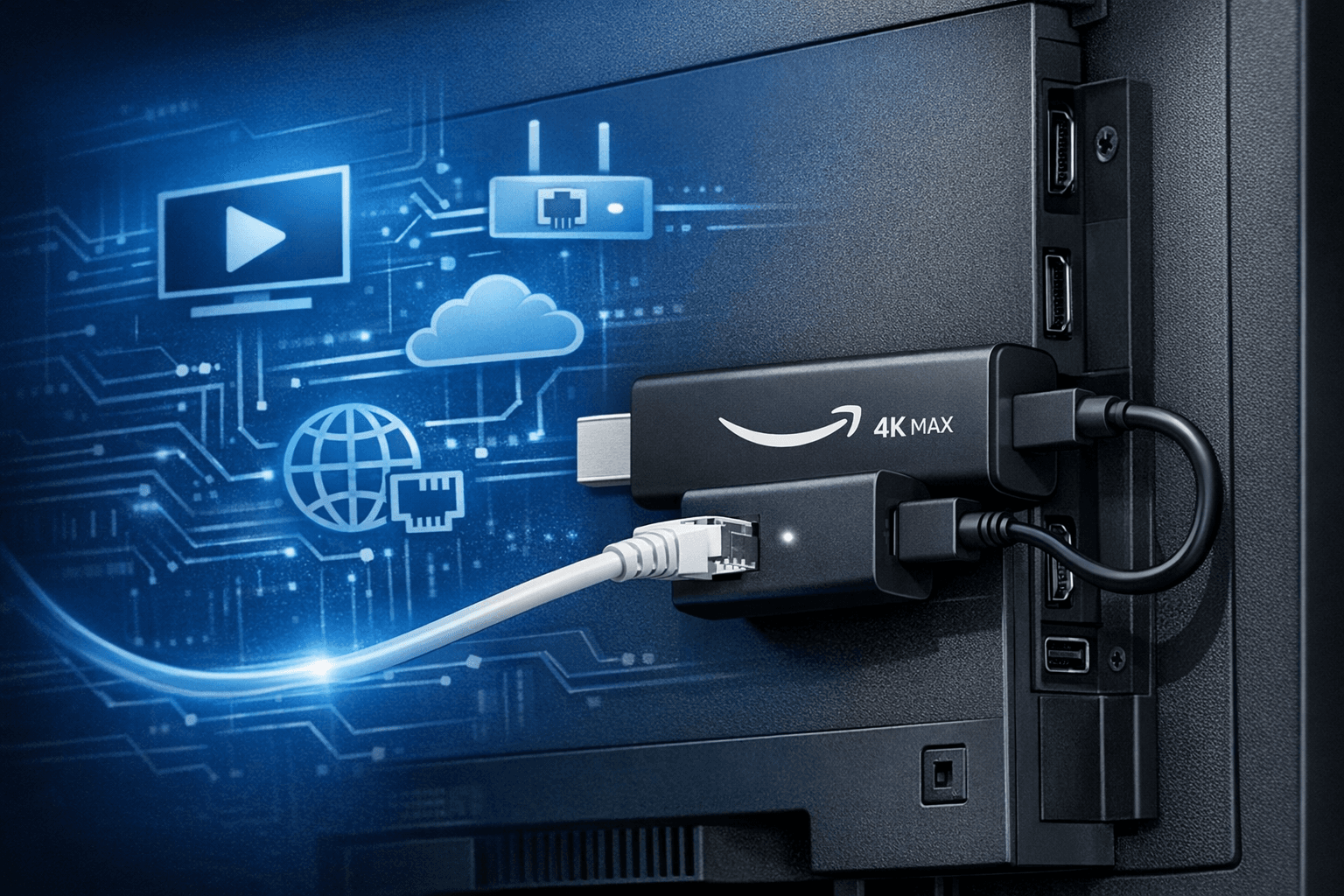 Fire TV Stick 4K Max connected to an Ethernet adapter with streaming interface on TV screen