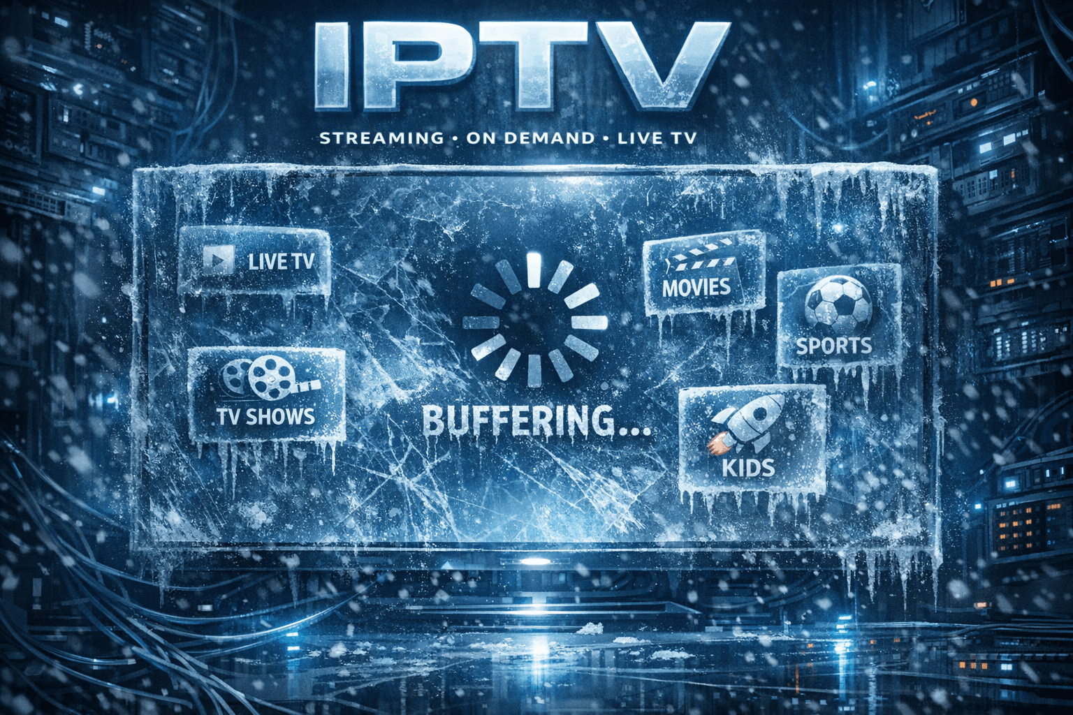 Smart TV showing IPTV streaming interface with frozen screen during channel change